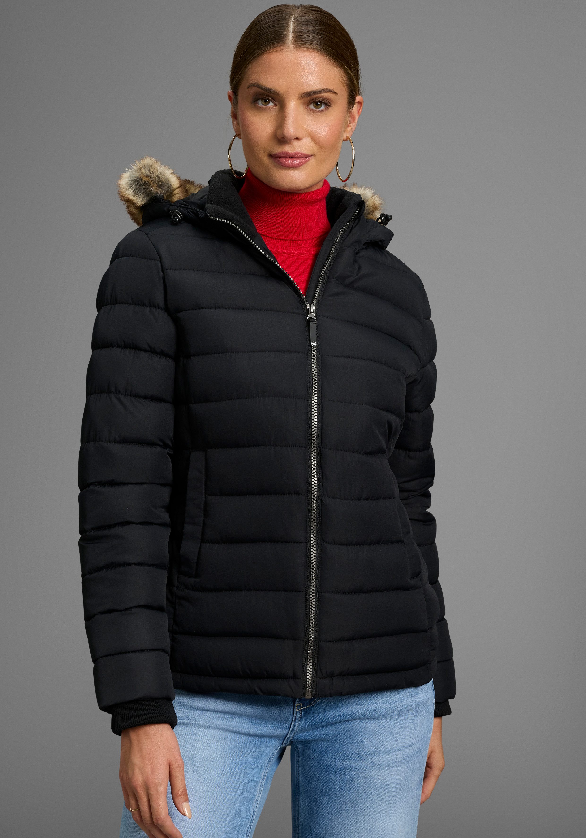 Polarino Steppjacke Kapuze mit Fellimitat zum Abnehmen günstig online kaufen