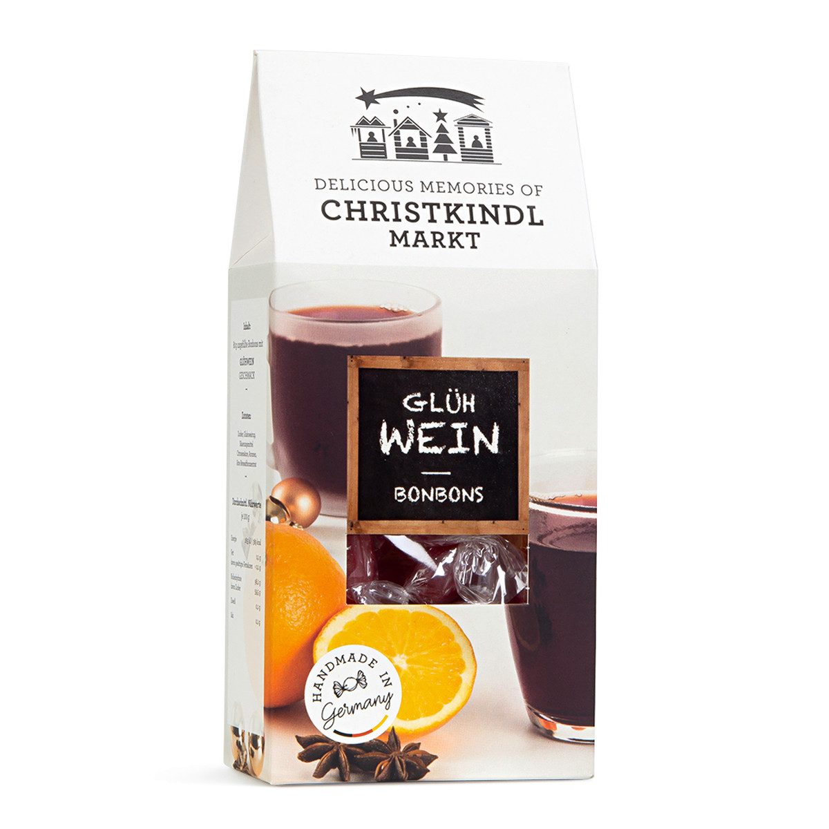 Edel Süßigkeit, Edel Bonbons mit süßem Glühwein Geschmack in einer Giebelbox 80g