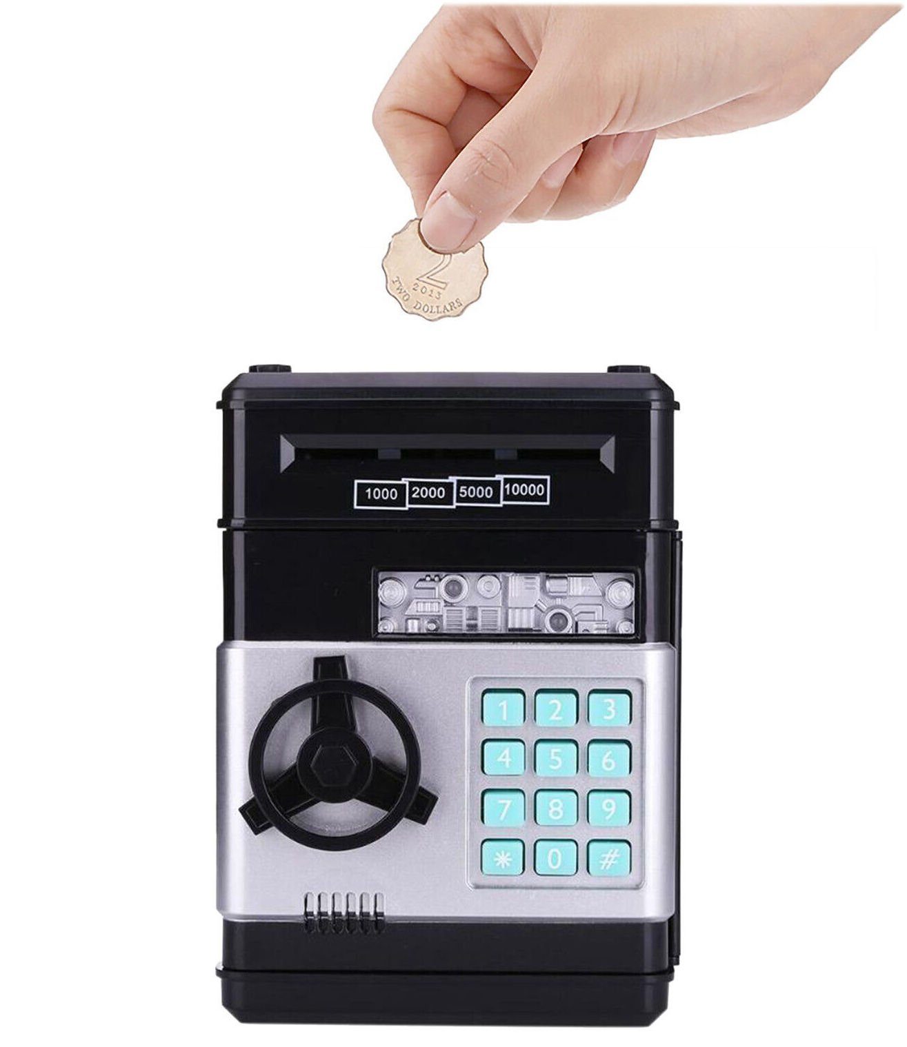 COIL Spardose Elektronisches Spardose, Sparschwein, Mini-Safe, Geldautomat, PIN-Code, Sparschwein, Banknoten und Münzen, Soundeffekte, Maße:19,5x12x13 cm;