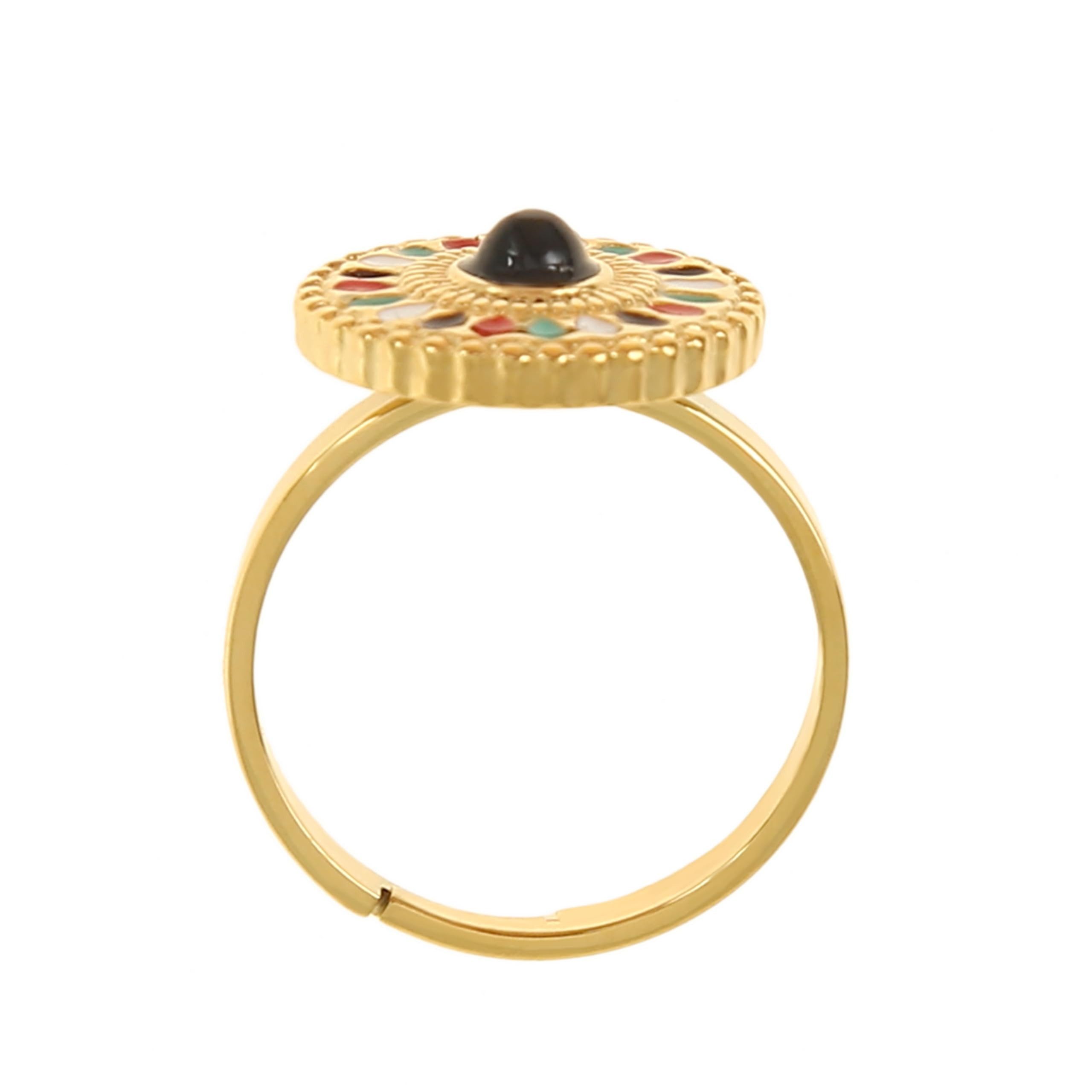 Made by Nami Fingerring in Gold mit Cleopatra Verzierung mit Sonnen Symbol und bunten Steinen, Ägyptischer Schmuck Wasserfest Größenverstellbar