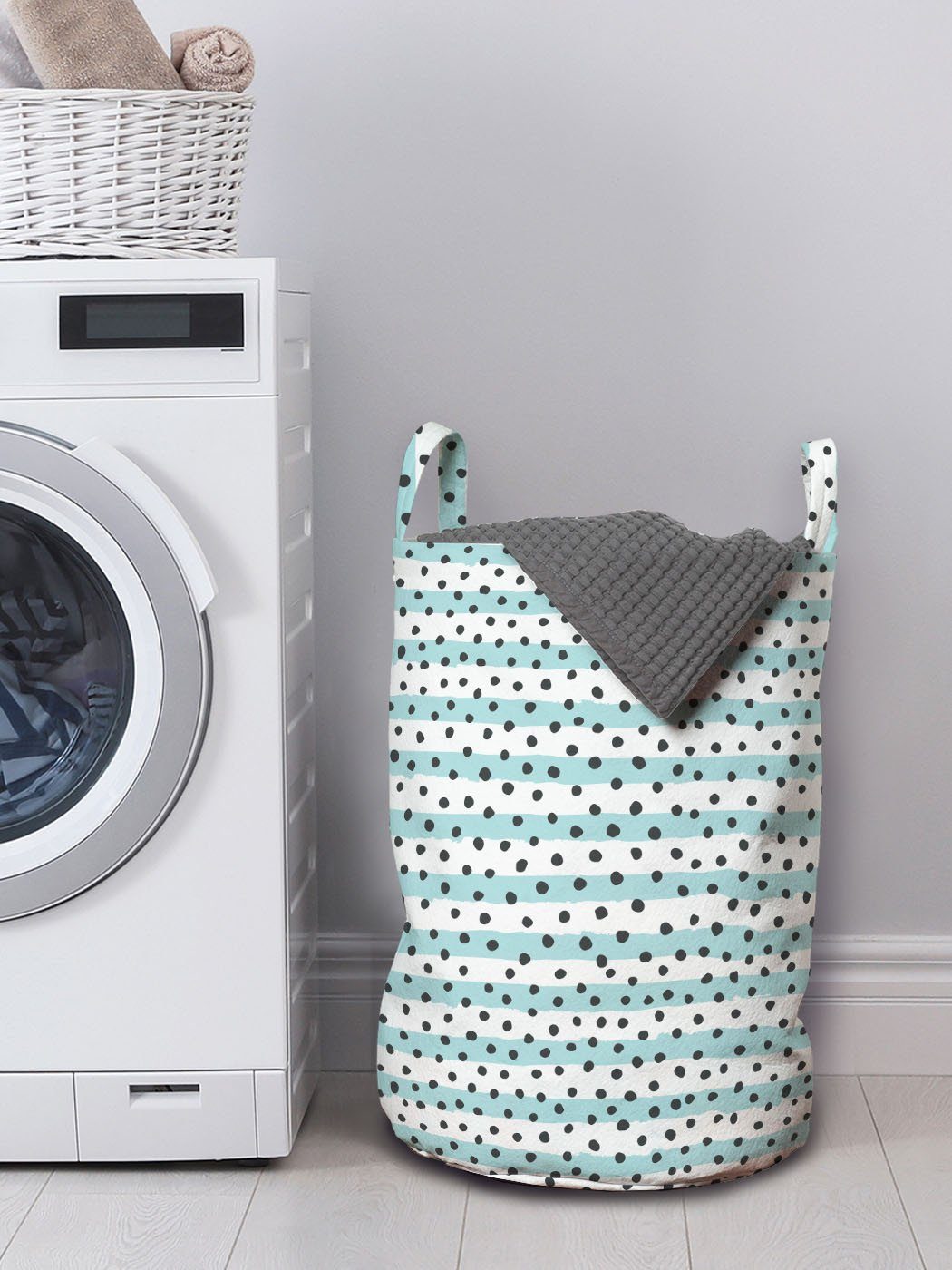 Wäschesäckchen Waschsalons, Kordelzugverschluss Dots mit Abakuhaus Blau Pastellstreifen Griffen Grau für Wäschekorb