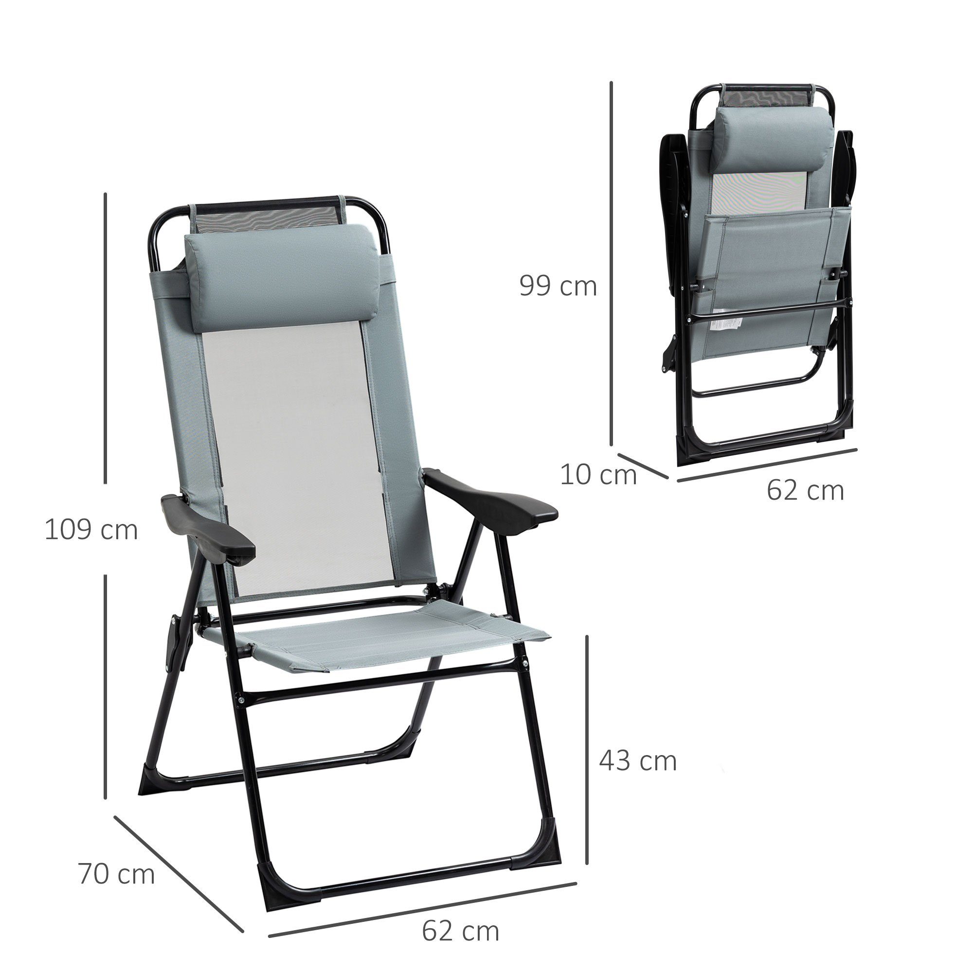 Outsunny Klappstuhl klappbarer Gartenstuhl mit verstellbarer Rückenlehne (Campingstuhl, 2 St), Grau 62 x 70 x 109 cm