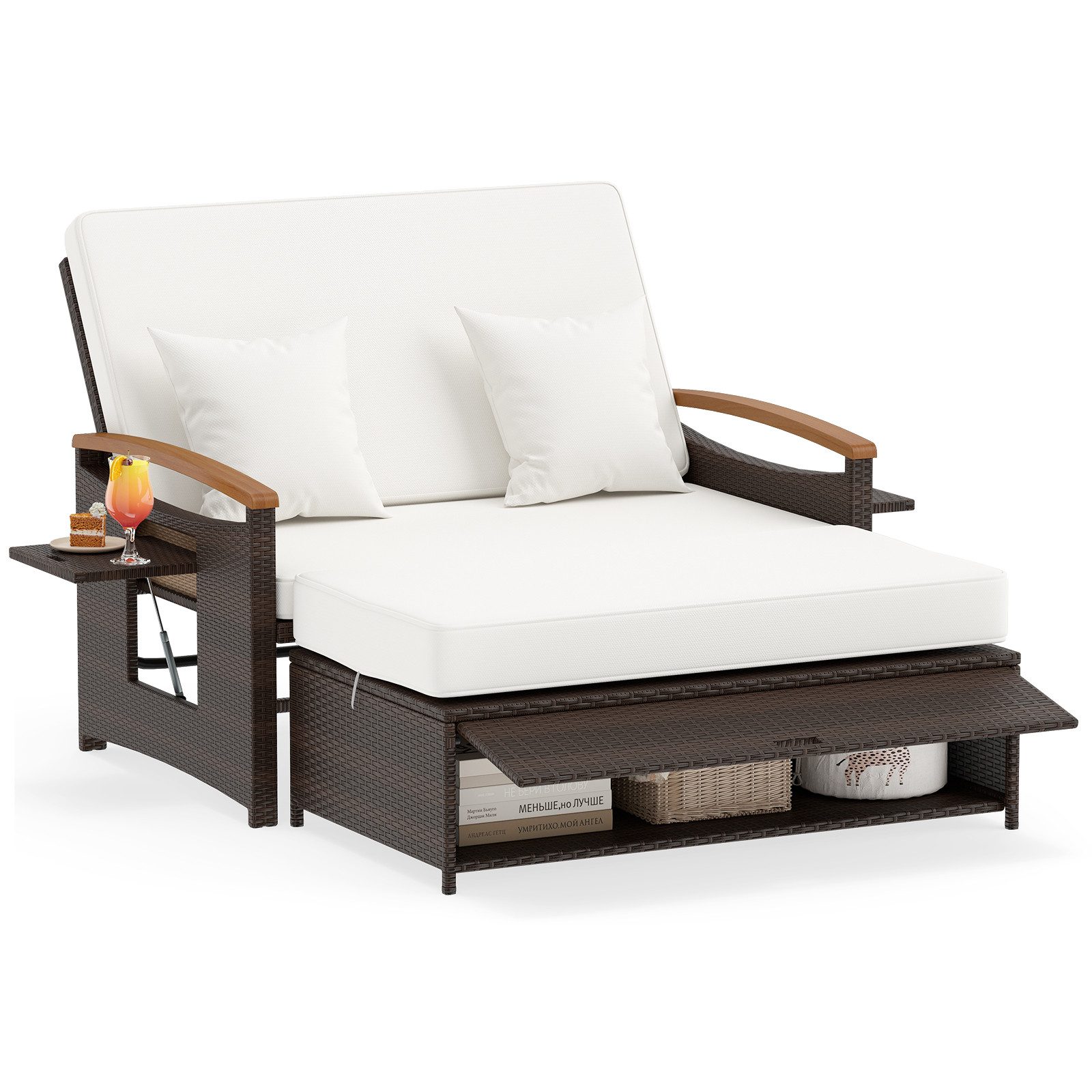 COSTWAY Loungebett, outdoor, Rattan, 2-Personen, Gartenliege mit verstellbarer Rückenlehne