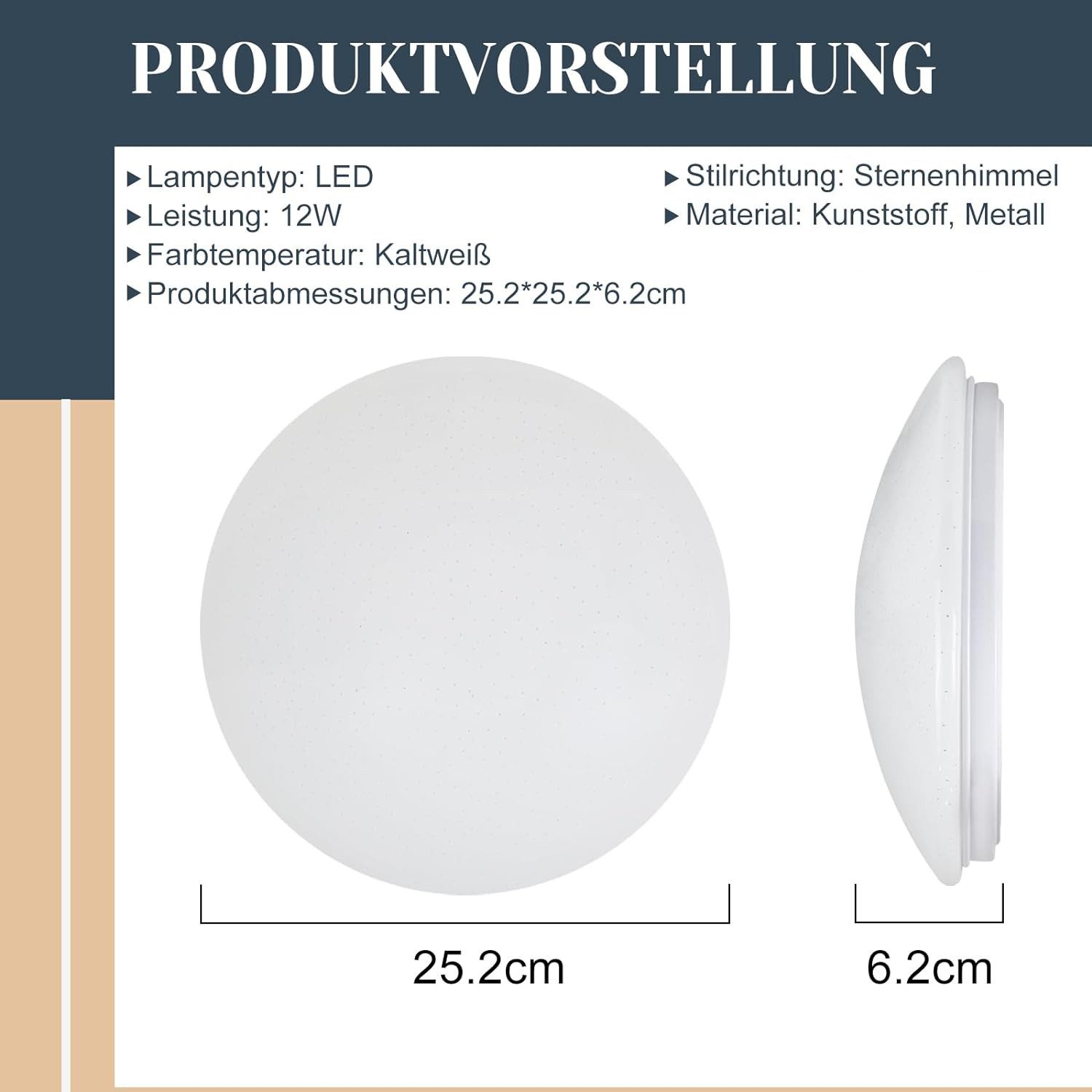 ZMH LED Deckenleuchte Ø25cm Schlafzimmerlampe Sternenhimmel 12W Schlafzimmer, Nicht dimmbar, LED fest integriert, 6000k, Rund Kinderzimmerlampe für Küche Büro – Bild 5 von 5