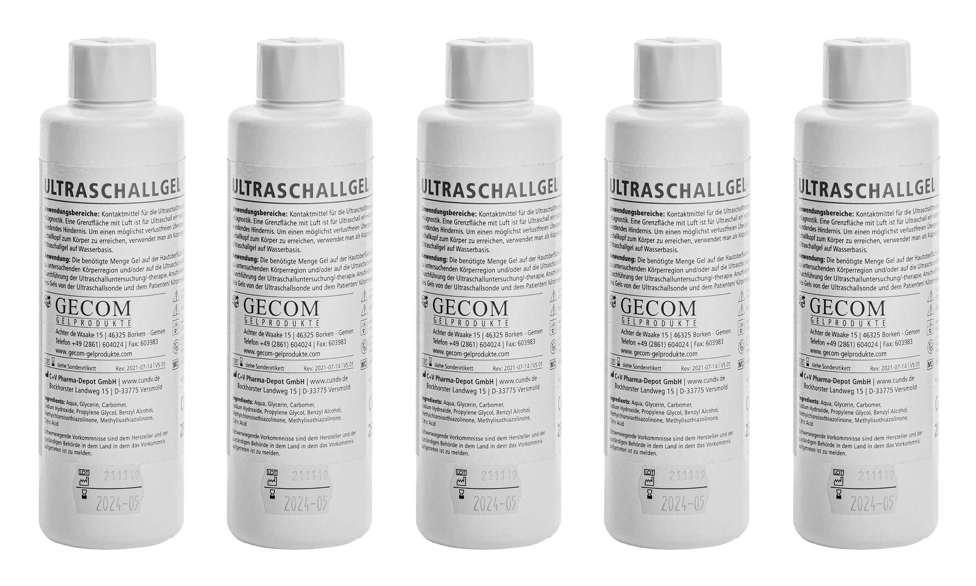 Gecom Gleitgel 5 x Ultraschallgel 250 ml Gel für Doppler und IPL