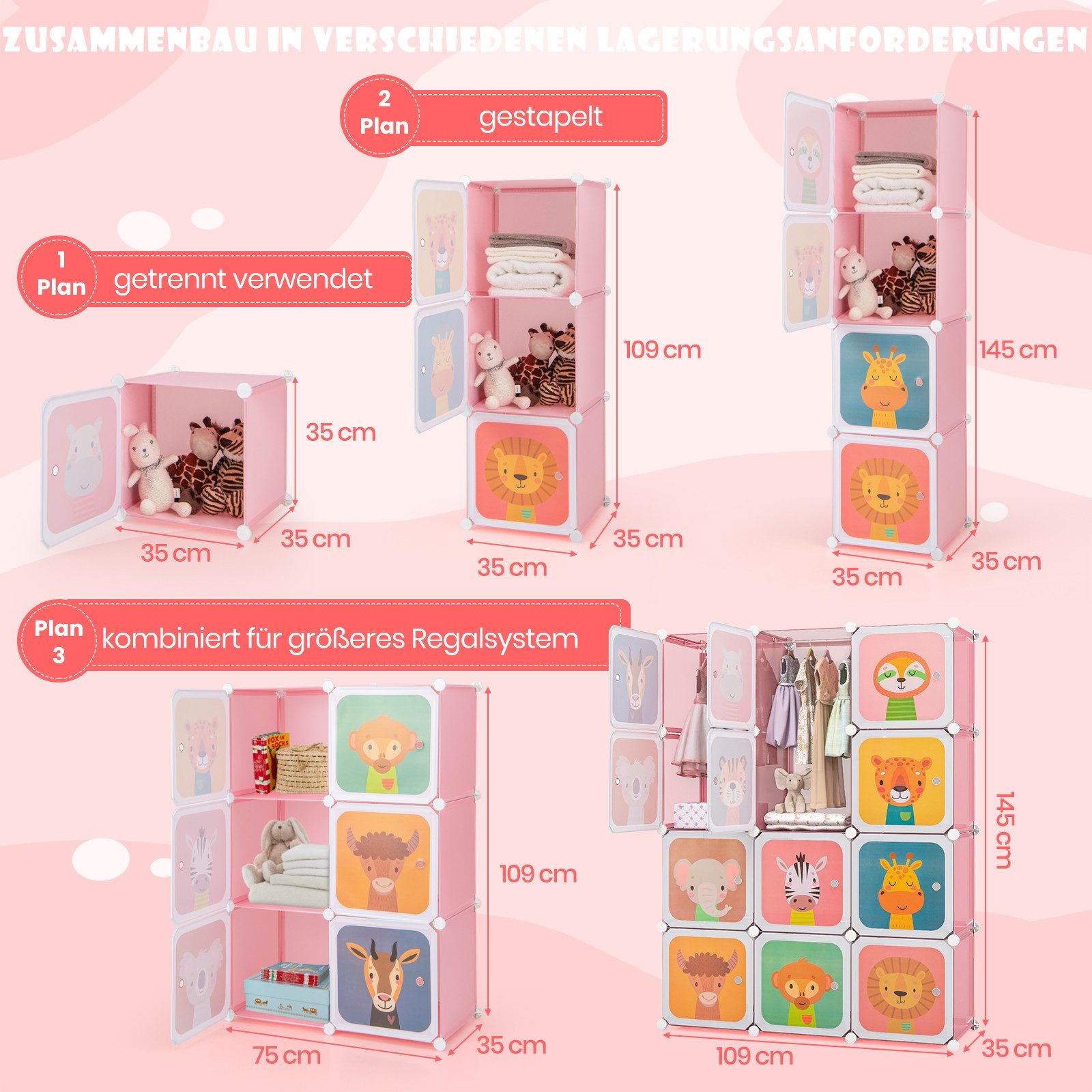 KOMFOTTEU Kleiderständer, Kleiderschrank Kinderregal mit Türen & Aufhängern