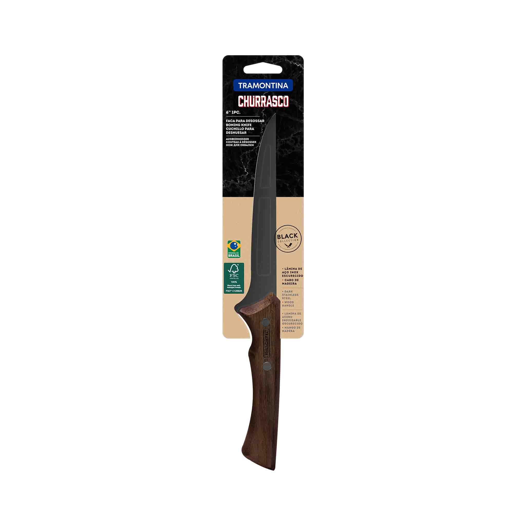 Tramontina Ausbeinmesser CHURRASCO BLACK - Edelstahl, rostfrei, 15 cm, Holzgriff FSC-zertifiziert, sehr präzise, scharf