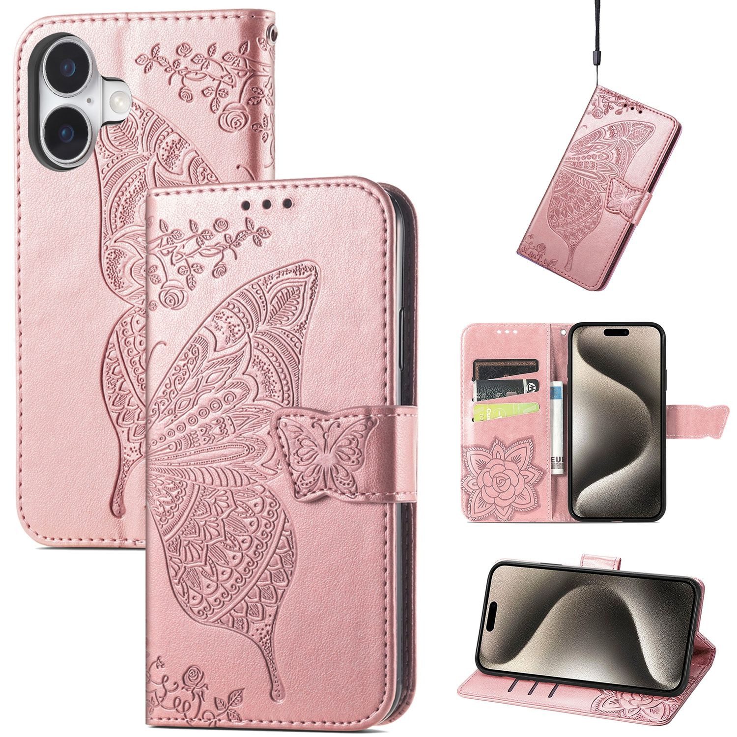 Wigento Smartphone-Hülle Für Apple iPhone 16 Plus Kunstleder Wallet Schmetterling Hülle Rosa, Kunst-Leder Schutzhülle Smart Case Cover magnetischer Verschluss