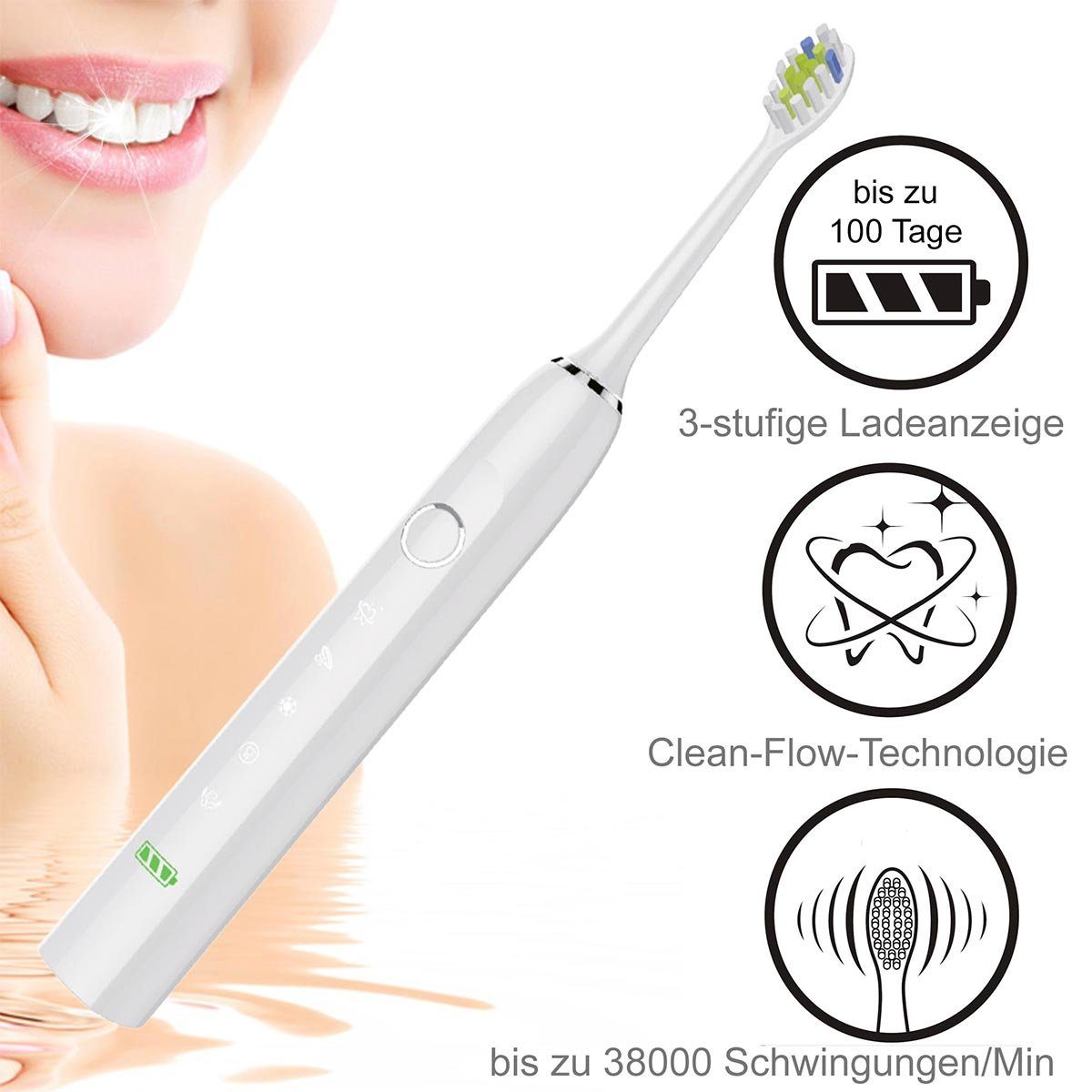 @tec Elektrische Zahnbürste Schallzahnbürste ultraleicht 5 Reinigungsmodi 38.000 Schwingungen/min, Aufsteckbürsten: 3 St., Bis zu 100 Tage Akkulaufzeit, IPX7, USB, Wiederaufladbar