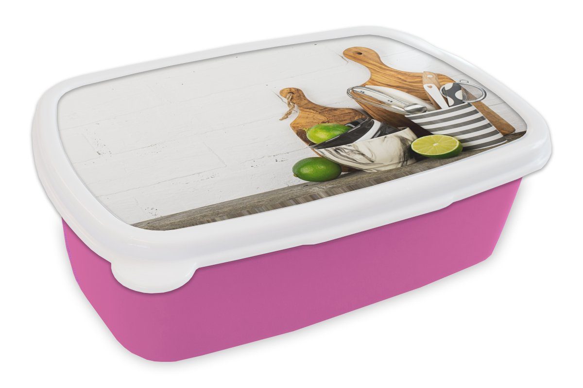 MuchoWow Lunchbox Schneidebrett - Küchenutensilien - Besteck, Kunststoff, (2-tlg), Brotbox für Erwachsene, Brotdose Kinder, Snackbox, Mädchen, Kunststoff rosa