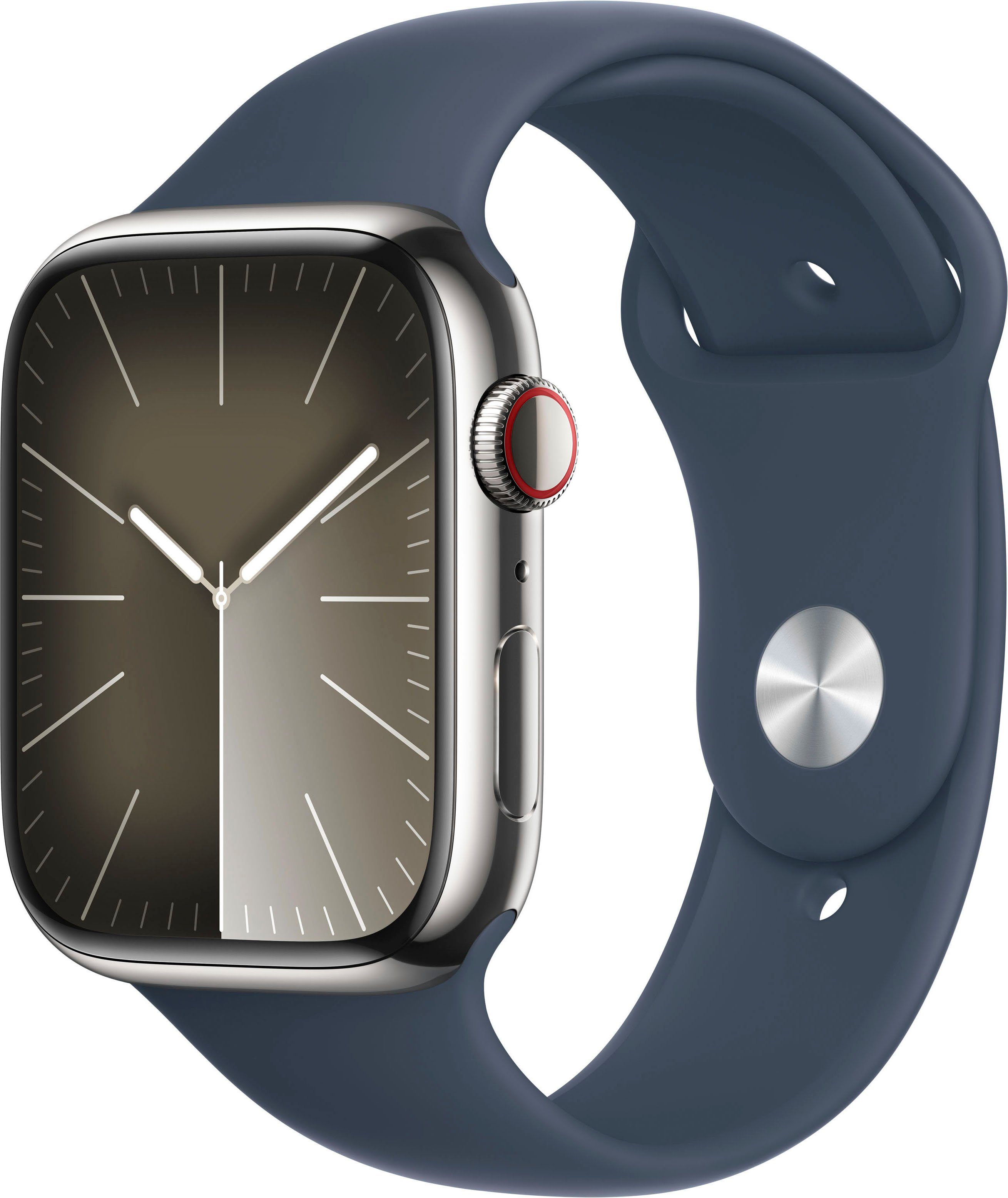 Apple Watch Series 9 GPS + Cellular Stainless Steel 45mm M/L Smartwatch (4,5 cm/1,77 Zoll, Watch OS 10), Sport Band Storm Blau | Silber