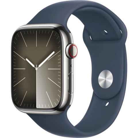 Apple Watch Series 9 GPS + Cellular Stainless Steel 45mm M/L Smartwatch (4,5 cm/1,77 Zoll, Watch OS 10), Sport Band