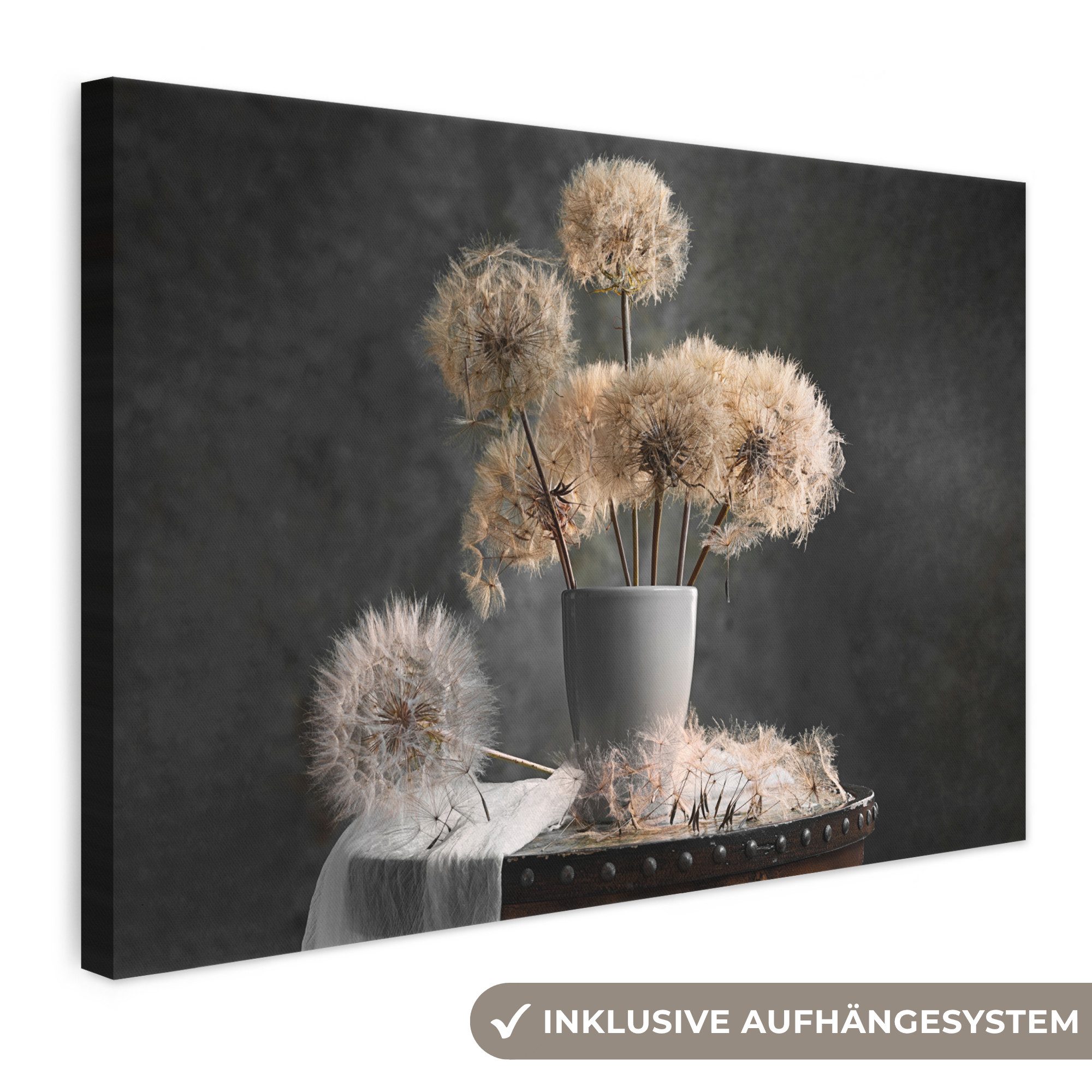 OneMillionCanvasses® Leinwandbild Blumensamen - Löwenzahn - Vase - Stilleben - Blumenstrauß, Fotodruck (1 St), Leinwand Bilder Klein, Wand Dekoration Aesthetic 30x20 cm