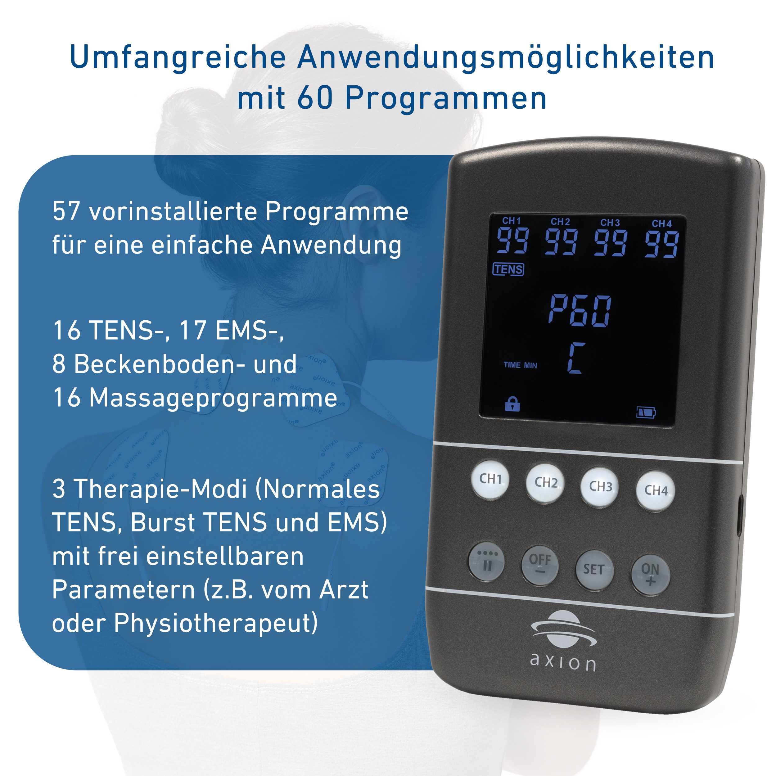 Axion TENS-EMS-Gerät STIM-PRO X9B 4-Kanäle zur Schmerztherapie, Muskelaufbau, Medizinprodukt nach MDR (EU) 2017/745