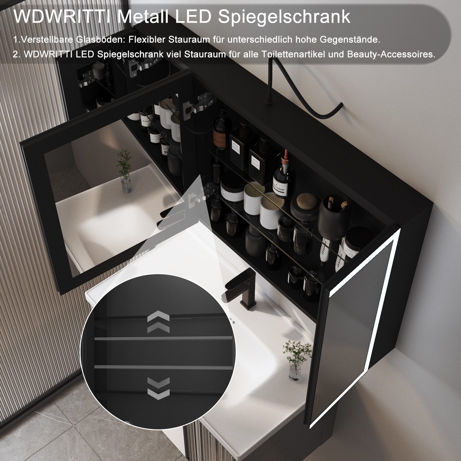 WDWRITTI Spiegelschrank Alu 120x60cm Extra Groß LED Badezimmerschrank 3-türig XXL 3Lichtmodi (Wandschrank Aufbewahrungsschrank Schwarz, Doppelspiegel, Glasböden, dimmbar, Anti-Fog) Mit Netzadapter, Vormontiert geliefert,  Wandmontage, Einbaumontage