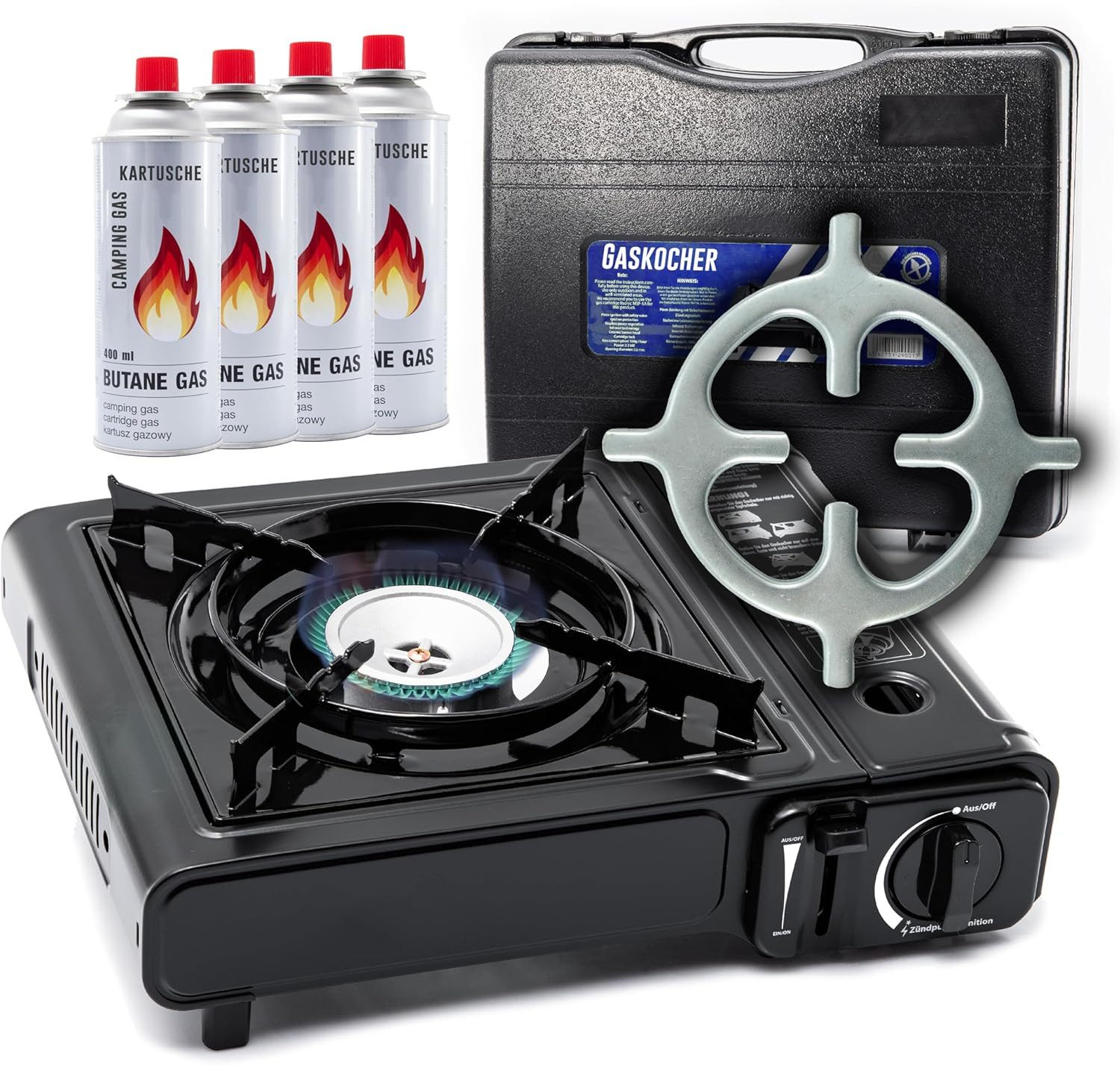 TruWare Gaskocher Campingkocher für Gasflaschen, (Leistungsstarkes, tragbares & robustes Gaskocherset, mit Kartuschen, Grillplatte und Kocherkreuz), Perfekt für Outdoor-Kochen und den täglichen Gebrauch