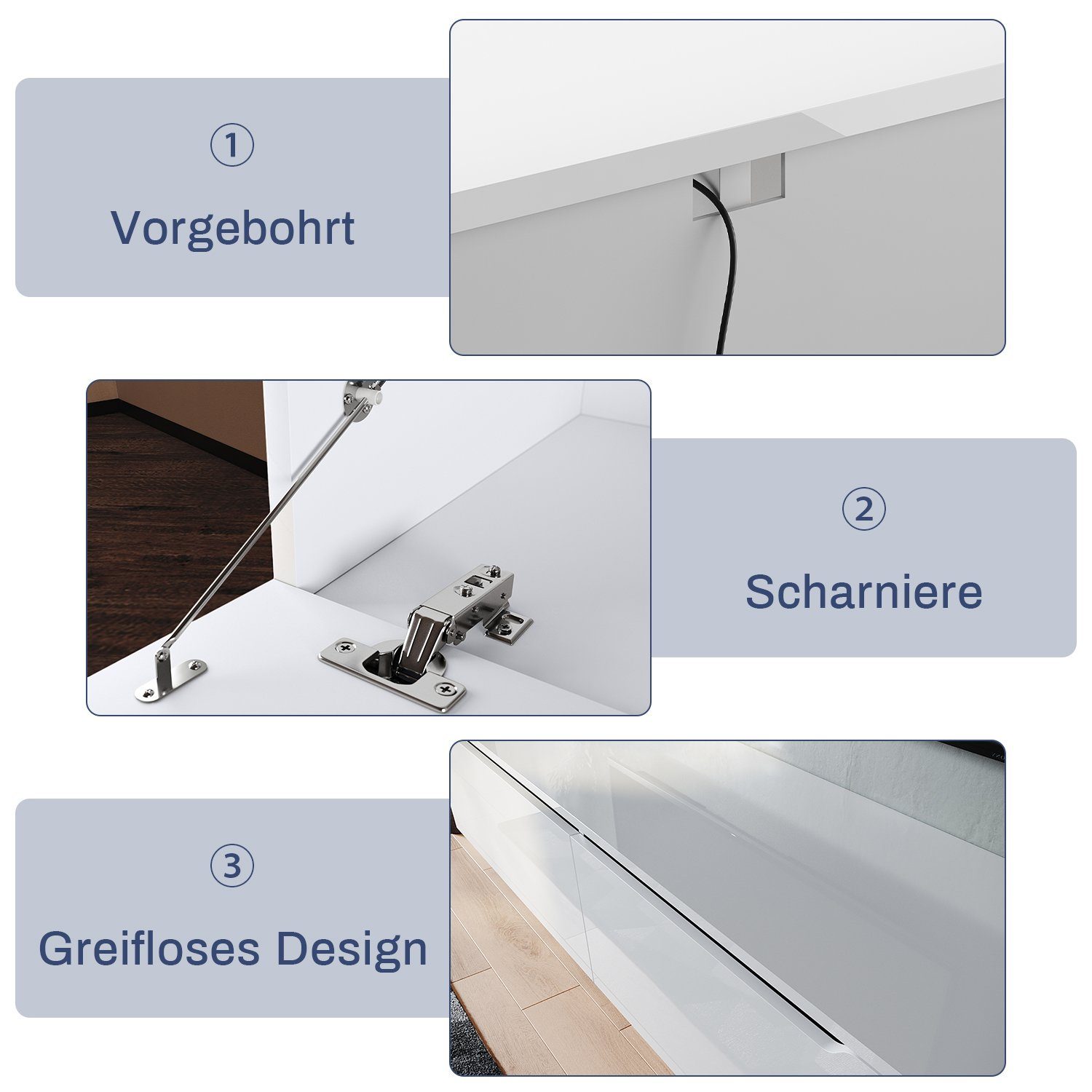 SONNI Sideboard TV Lowboard 140x35x30cm Weiß/Swarz mit LED-Beleuchtung, TV Schrank – Bild 5 von 5