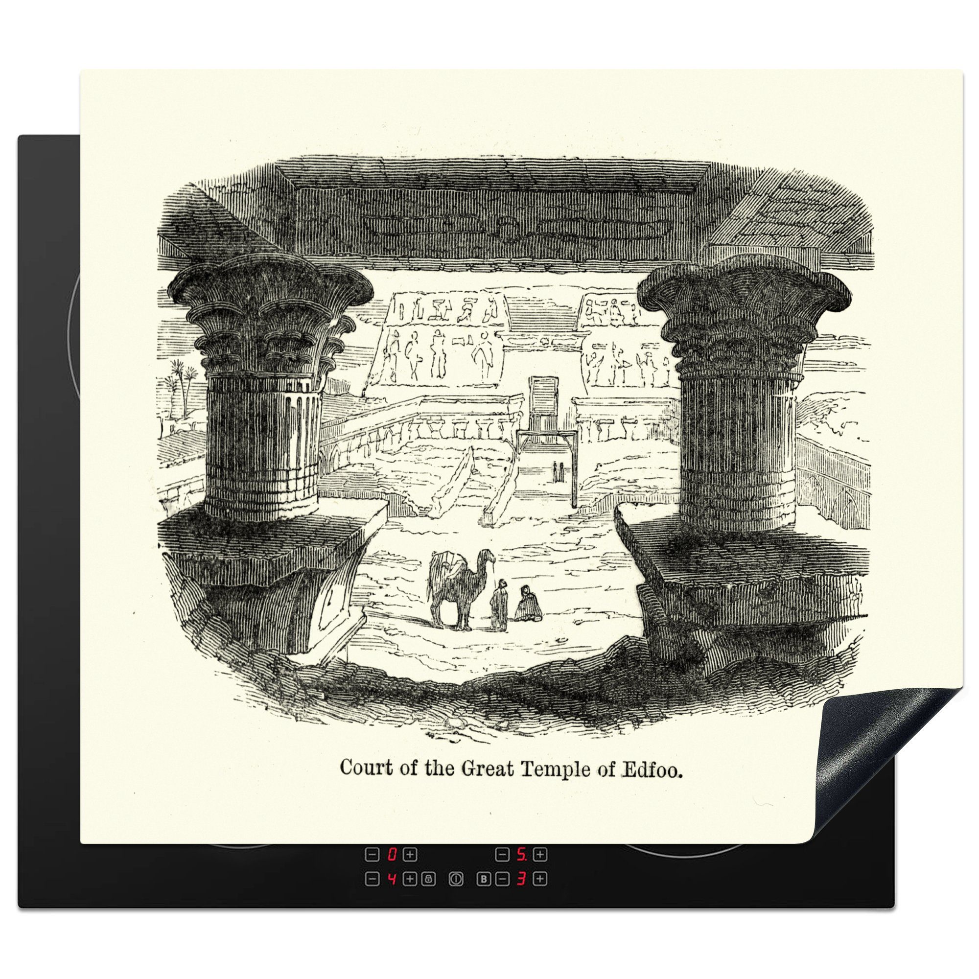 MuchoWow Herdblende-/Abdeckplatte Eine antike Illustration des Horus-Tempels in Edfu, Vinyl, (1 tlg), 60x52 cm, Mobile Arbeitsfläche nutzbar, Ceranfeldabdeckung