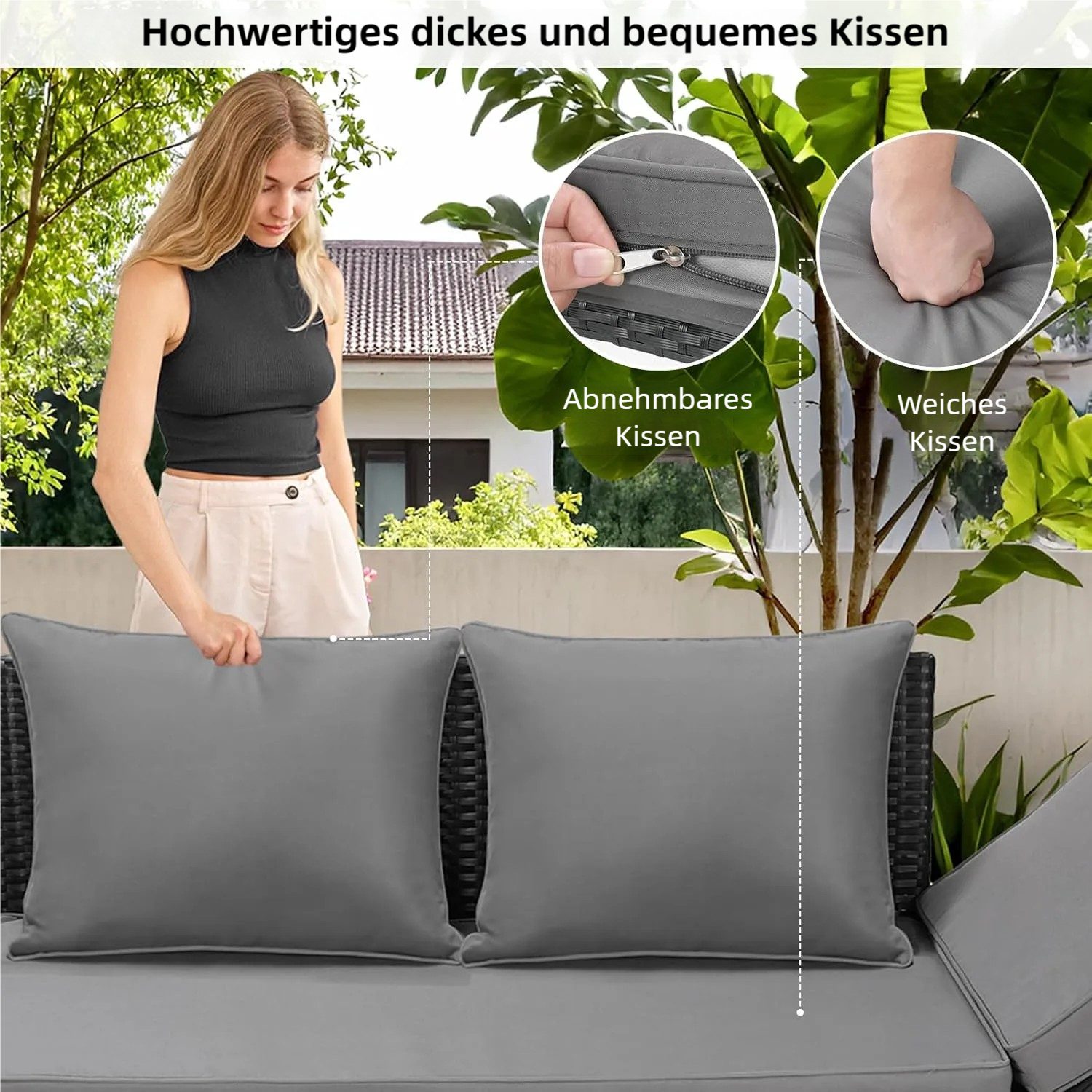 TLGREEN Gartenbank mit Liegefunktion, Wetterfest UV-beständig Rattan Gartensofa (2 Personen Einfache Umwandlung, Polyrattan Sitz-Liege 2-Sitzer Abnehmbare Kissenbezüge), Grau/Beige – Platzsparend & Stabil