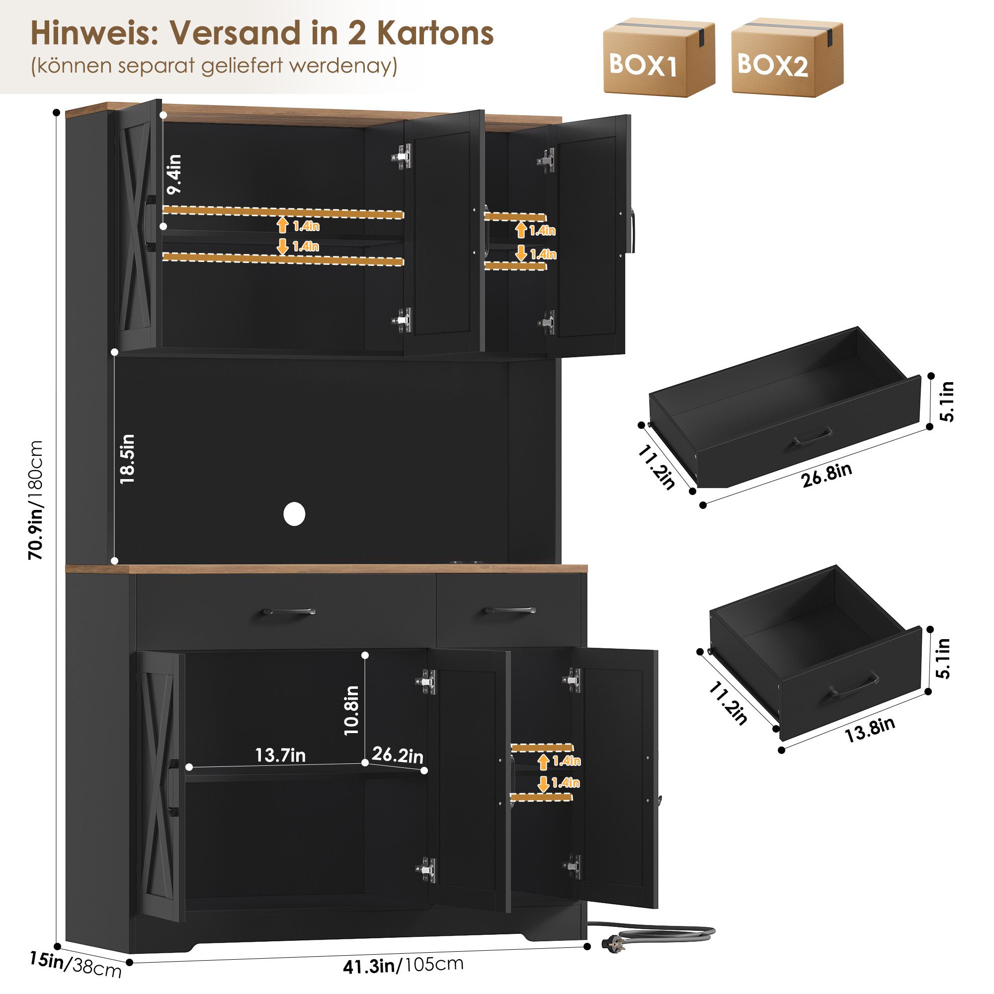 HOMECHO Küchenbuffet Weiß Küchenschrank mit Steckdosen, 6 Türen, 2 Schubladen, 180x105x38cm – Bild 5 von 5