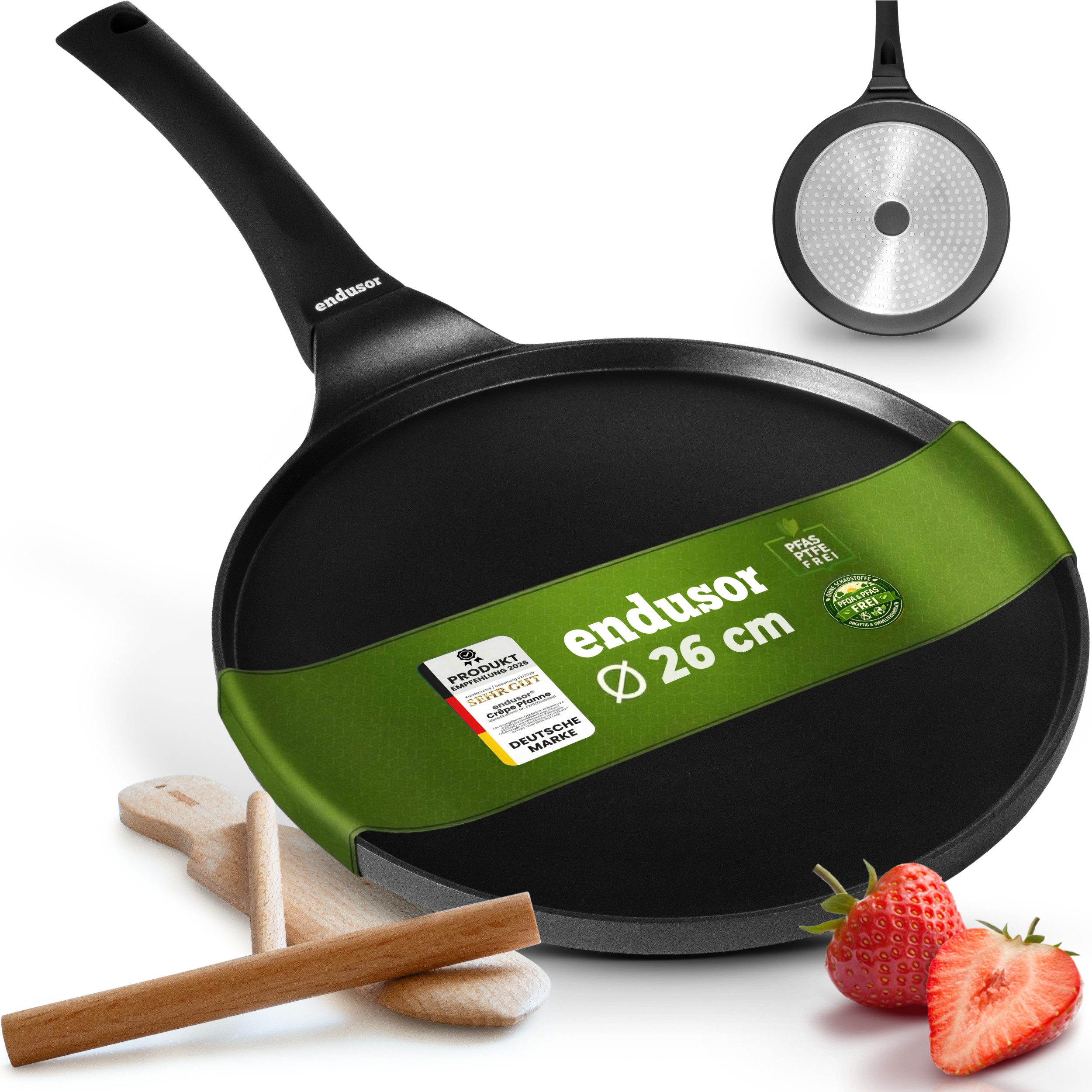 endusor Crêpepfanne Crepespfanne Ø 26cm inkl. Holzspatel, Aluminiumguss (Alle Herdarten inkl. Induktion, Bratpfanne für Crepes), modernster Antihaft-Beschichtung & Eisenkernboden für Crêpe & Mehr