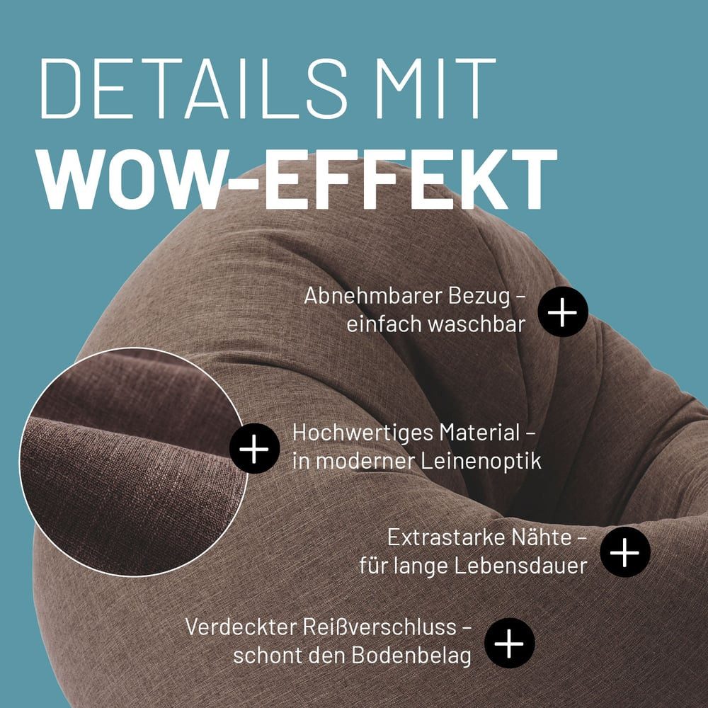 Lumaland Sitzsack Interior Line Bodenkissen Bean Bag Lounge Leinenlook, 300L Liegekissen 80x75x35 Gaming waschbar robust