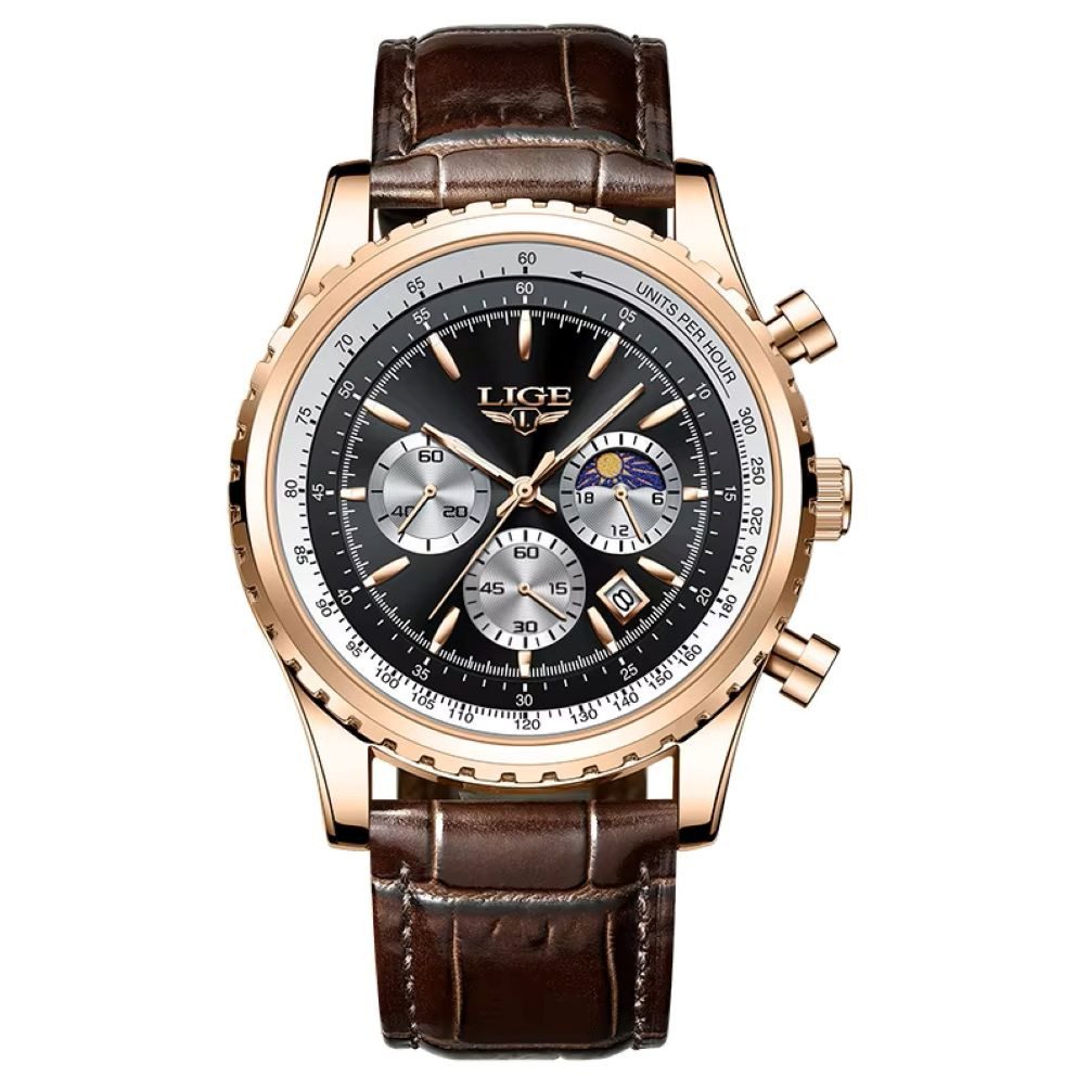 Quarzuhr LIGE Herren-Armbanduhr, modisch, Chrono Edelstahl, lässig, Schwarz 9898