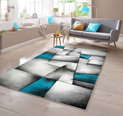 Teppich Designer Teppich mit Konturenschnitt Karo Muster Türkis Grau Weiß Schwarz, TeppichHome24, rechteckig