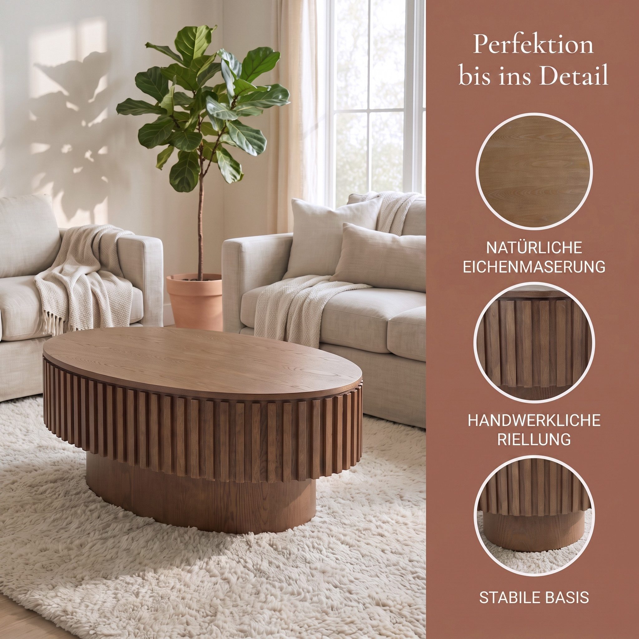 Celya Couchtisch 98 cm Ovaler Cocktailtisch mit verstecktem Stauraum (aus Massivholzfurnier, einfache Montage in 5 Minuten) – Bild 3 von 5