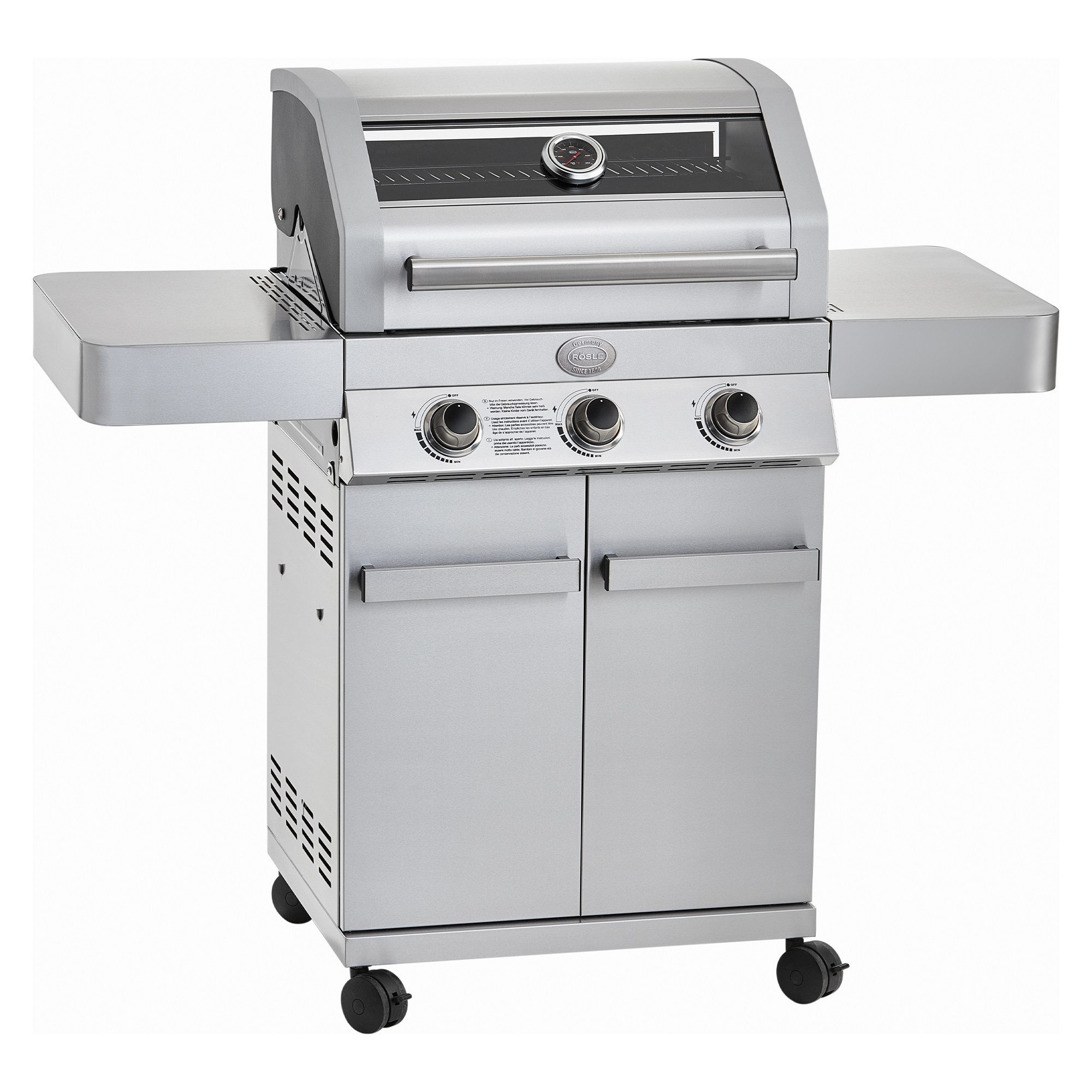 RÖSLE Gasgrill G3 Gasgrill Edelstahl Грильtation mit 3 Hauptbrenner, Deckel mit Glas, Garten, Balkon, Terrasse, Gusseisenrost, auch Holzkohlegrill, Edelstahl Standgrill Outdoor Balkongrill Gartengrill Campinggrill, Grill Gas, Грильtation, Grillwagen Grilltisch Barbecue Grill Gas, BBQ