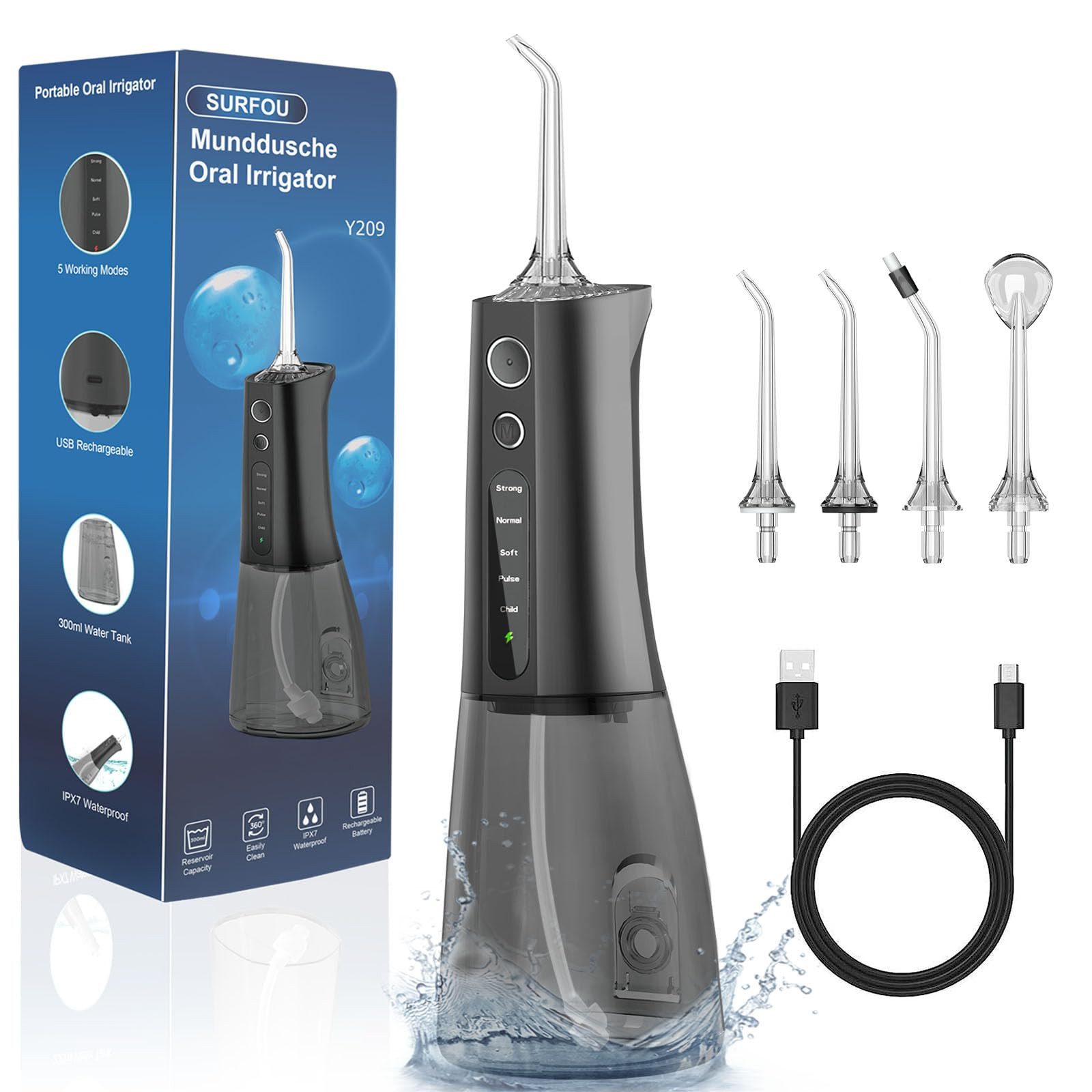 SURFOU Munddusche Kabellose Water Flosser, Elektrischer Zahnreiniger,5 Modi,4 Düsen,300ml