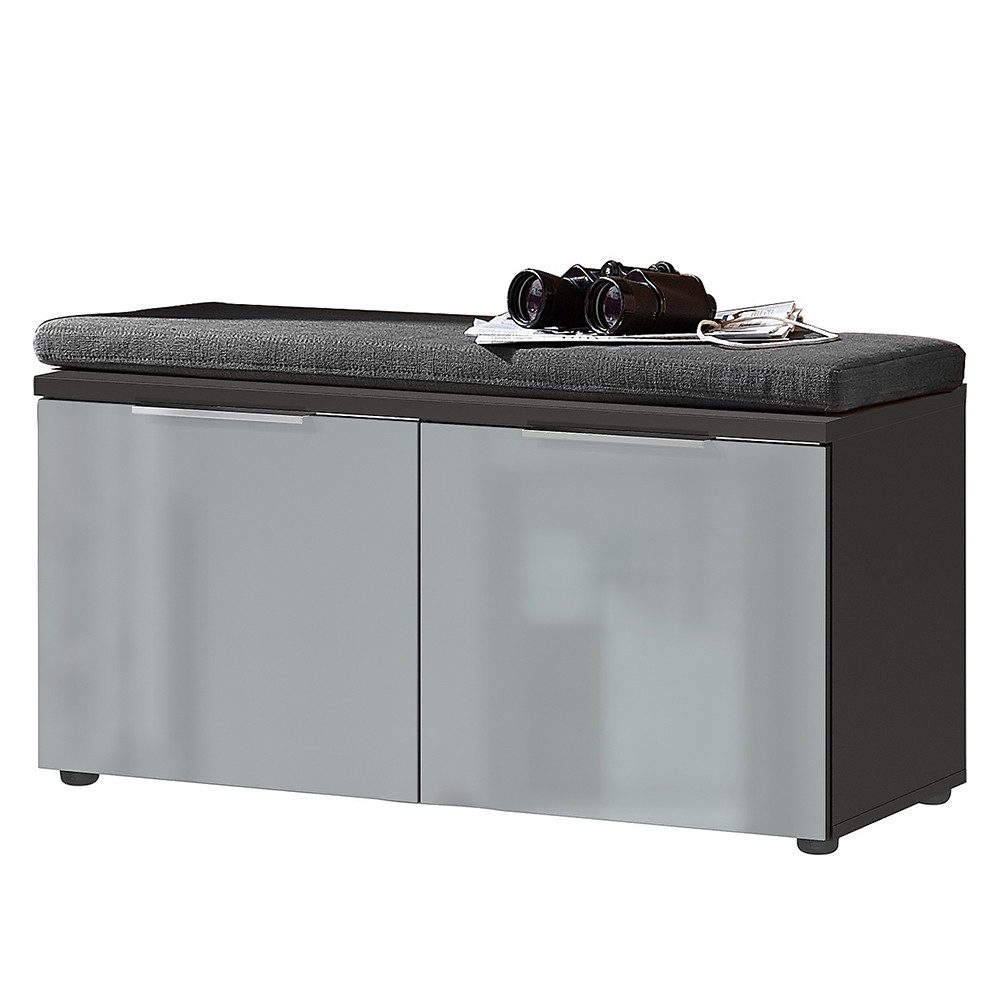 Lomadox Garderoben-Set GENEVA-01, (Spar-Set, 4-St., Schuhschrank Spiegel Garderobenpaneel Schuhbank Sitzpolster), graphit grau silber mit Sitzkissen Kleiderstange Schuhfächer Glasfront