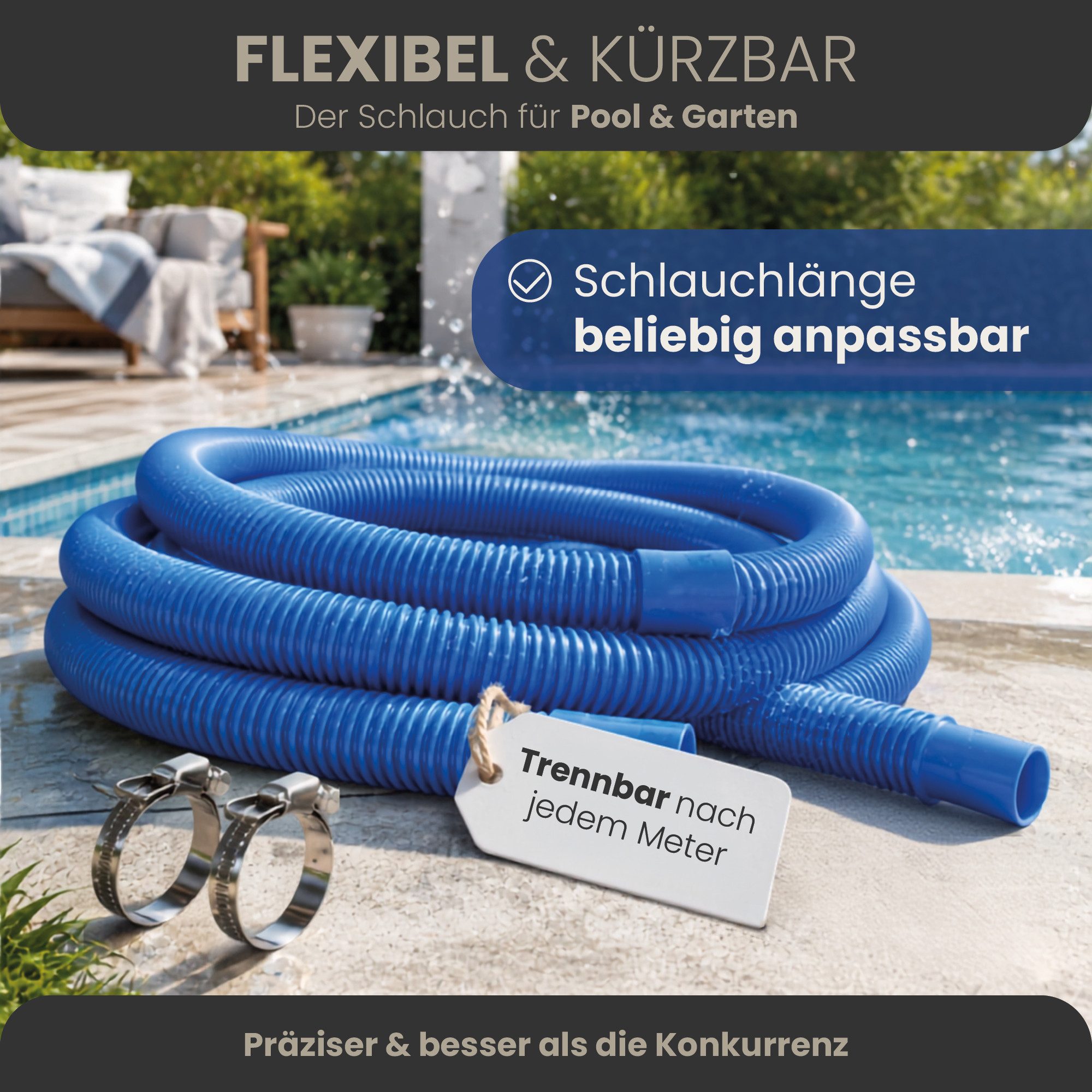 HAF Poolschlauch Schwimmbadschlauch Poolschlauch Solarschlauch Blau Ø 32mm 1 Meter, Schlauch "Made in Germany" mit Trennmuffen, inkl. 2 Schlauchschellen aus Ede – Bild 2 von 5