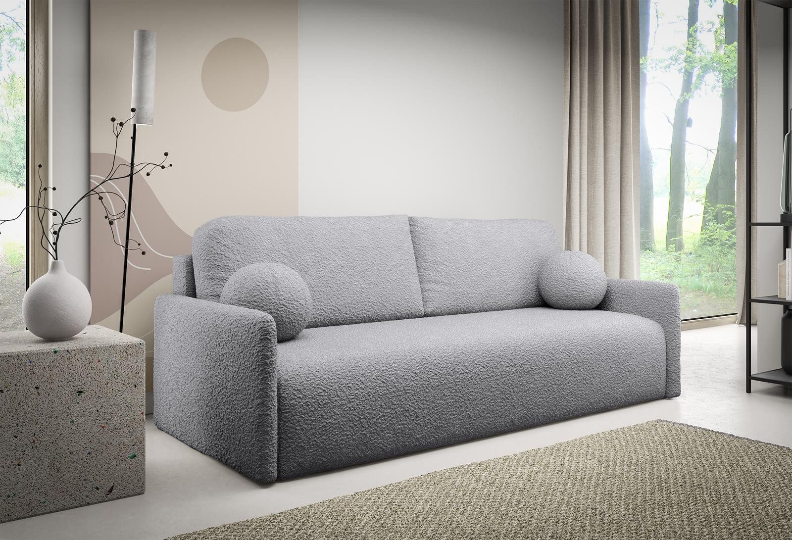 Compleo Schlafsofa kleine mit Bettkasten STYLO, Polstersofa, Breite: 206 cm, Modern Couch, Bouclé-Stoff