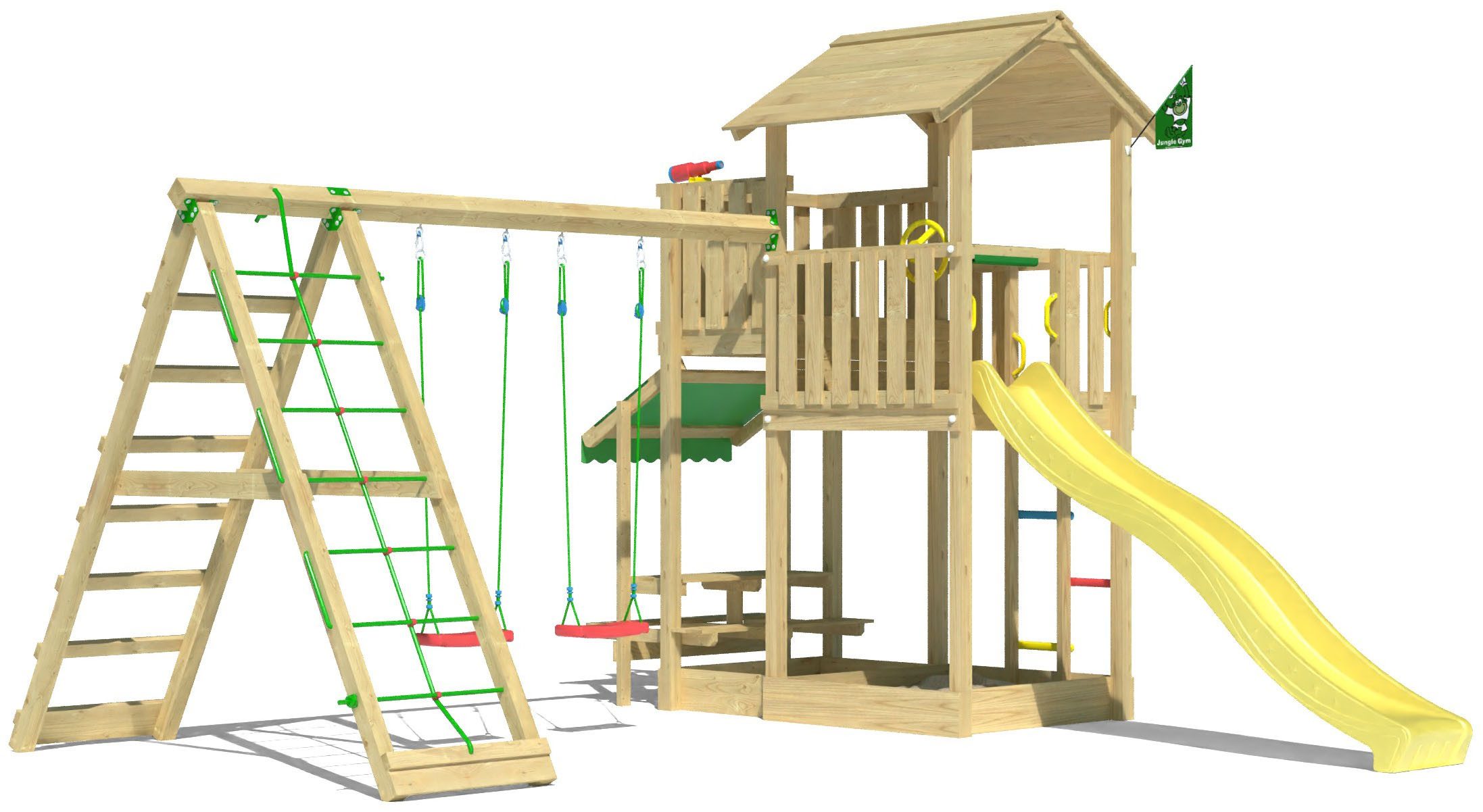 Jungle Gym Spielturm Veranda, Spielanlage mit Schaukel, Kletterbock und Rutsche mit Wasseranschluss