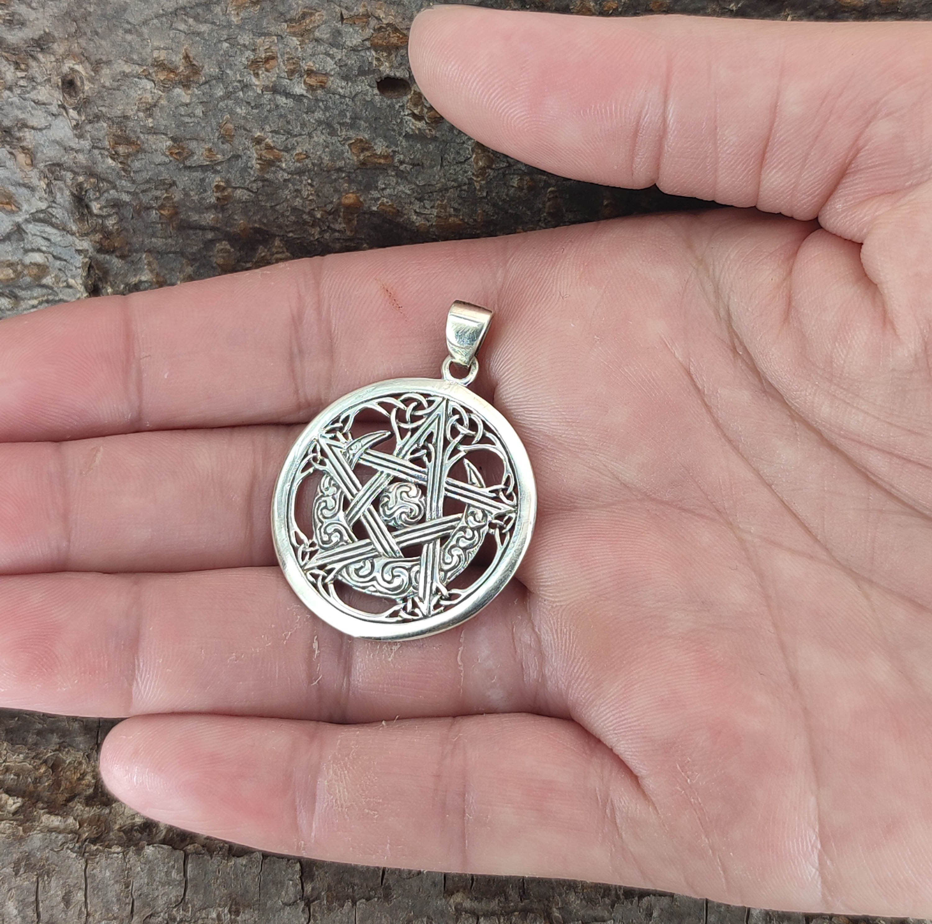 Wicca Leather Amulett Mond Silber 925 Sonne keltisch Kiss Pentagramm of Anhänger Kettenanhänger Schutz