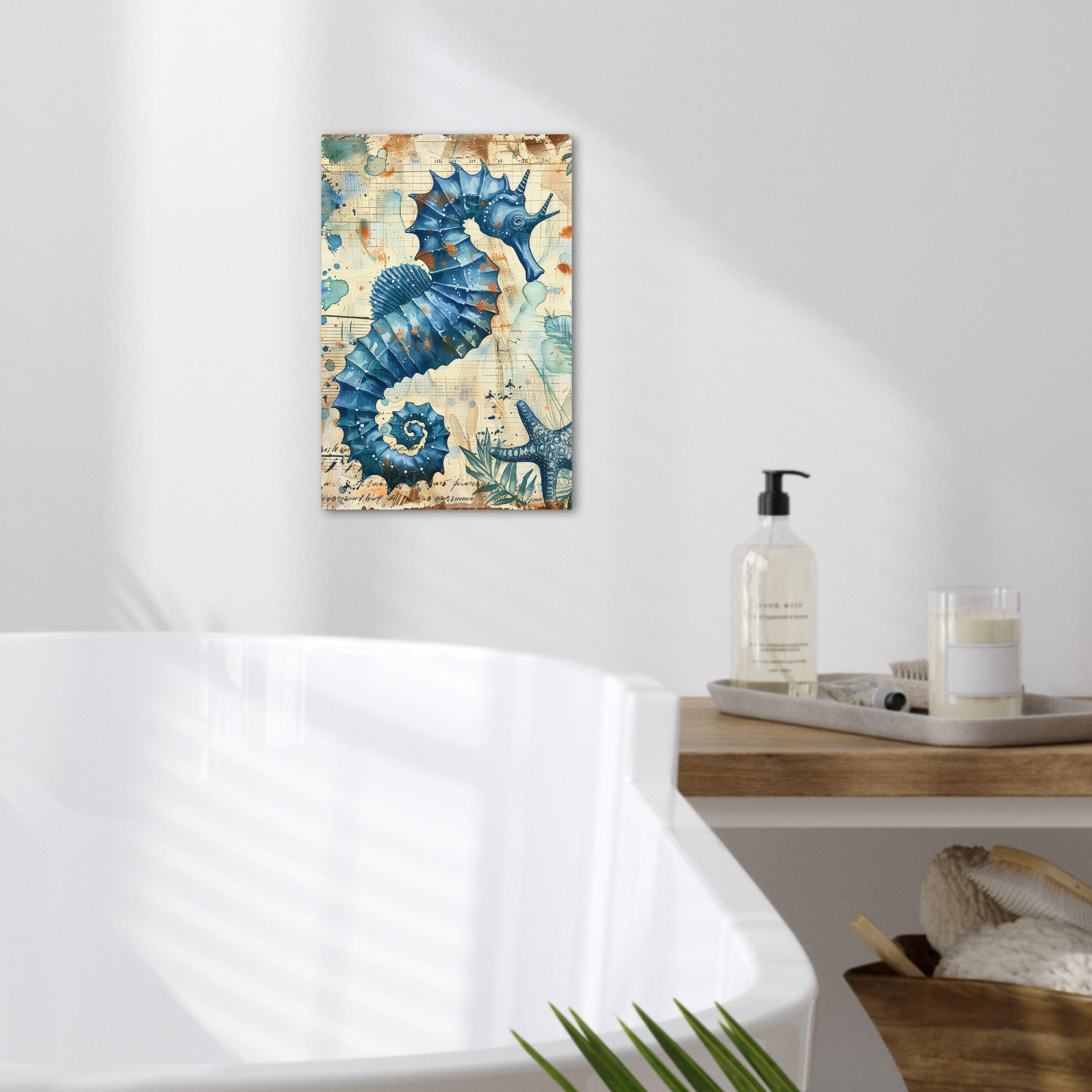 OneMillionCanvasses® Leinwandbild Vintage - Meerestiere - Seepferdchen - Aquarell - Blau, Fotodruck (1 St), Badezimmer Deko, Bilder WC, Toilette Wanddeko 20x30  – Bild 2 von 5