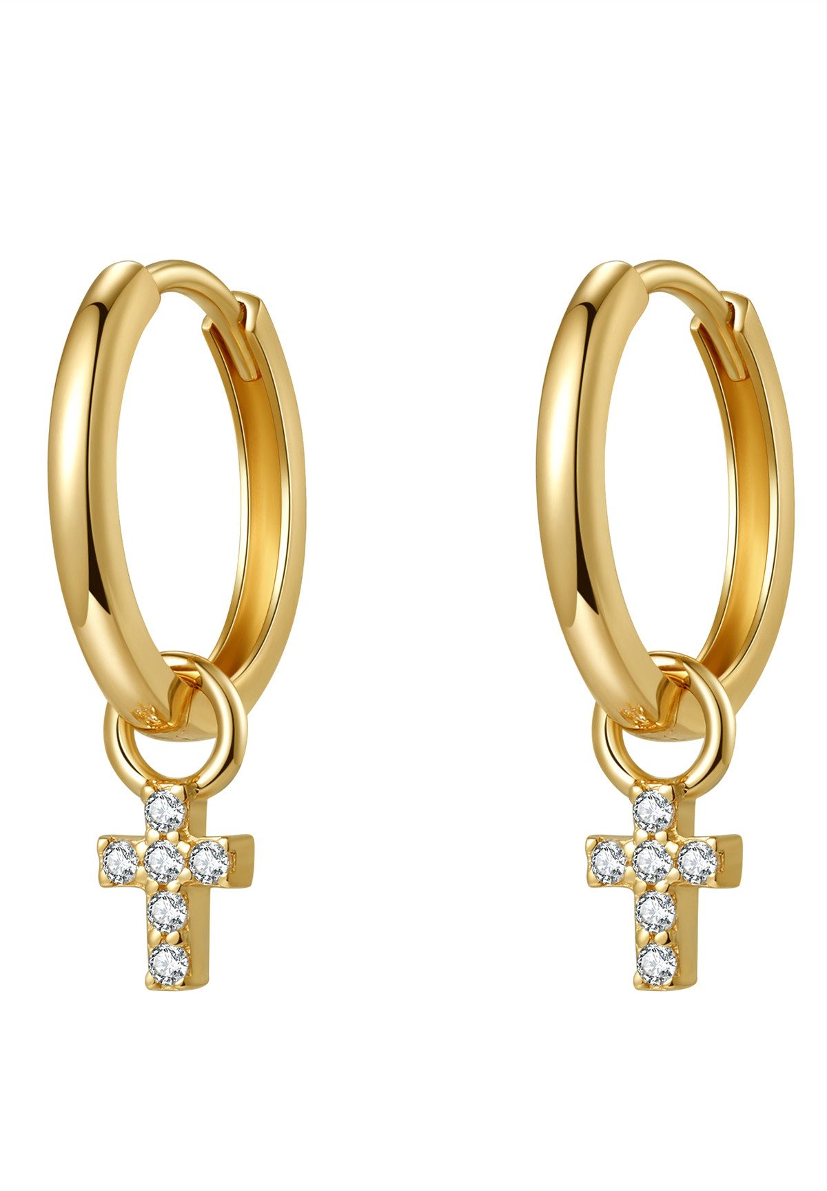 Paar Creolen Damen 14K Massivgold, Kreuz Ohrringe Zirkonia