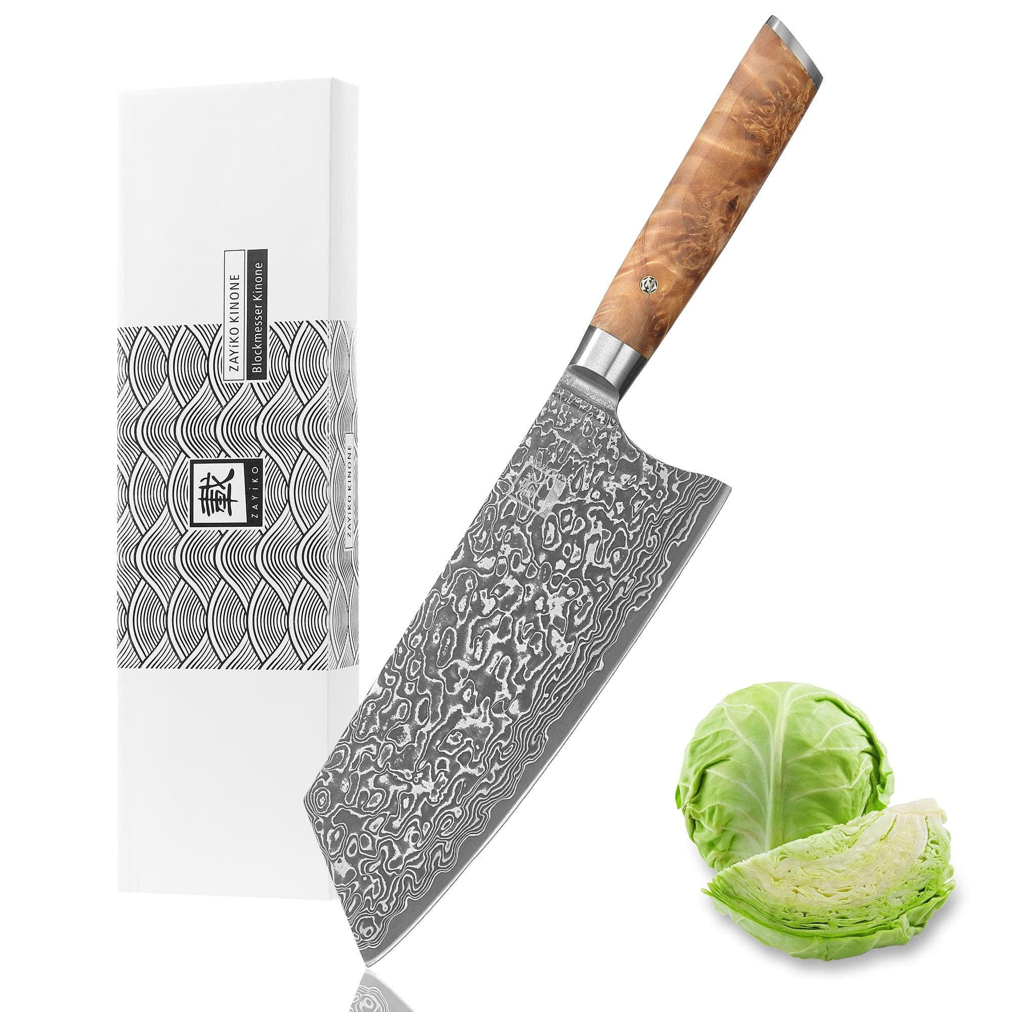 ZAYIKO Asiamesser Kinone Damast Kiritsuke Küchenmesser 20cm Klinge Wurzelholzgriff, schwarzer Damaststahl, VG10-Kern