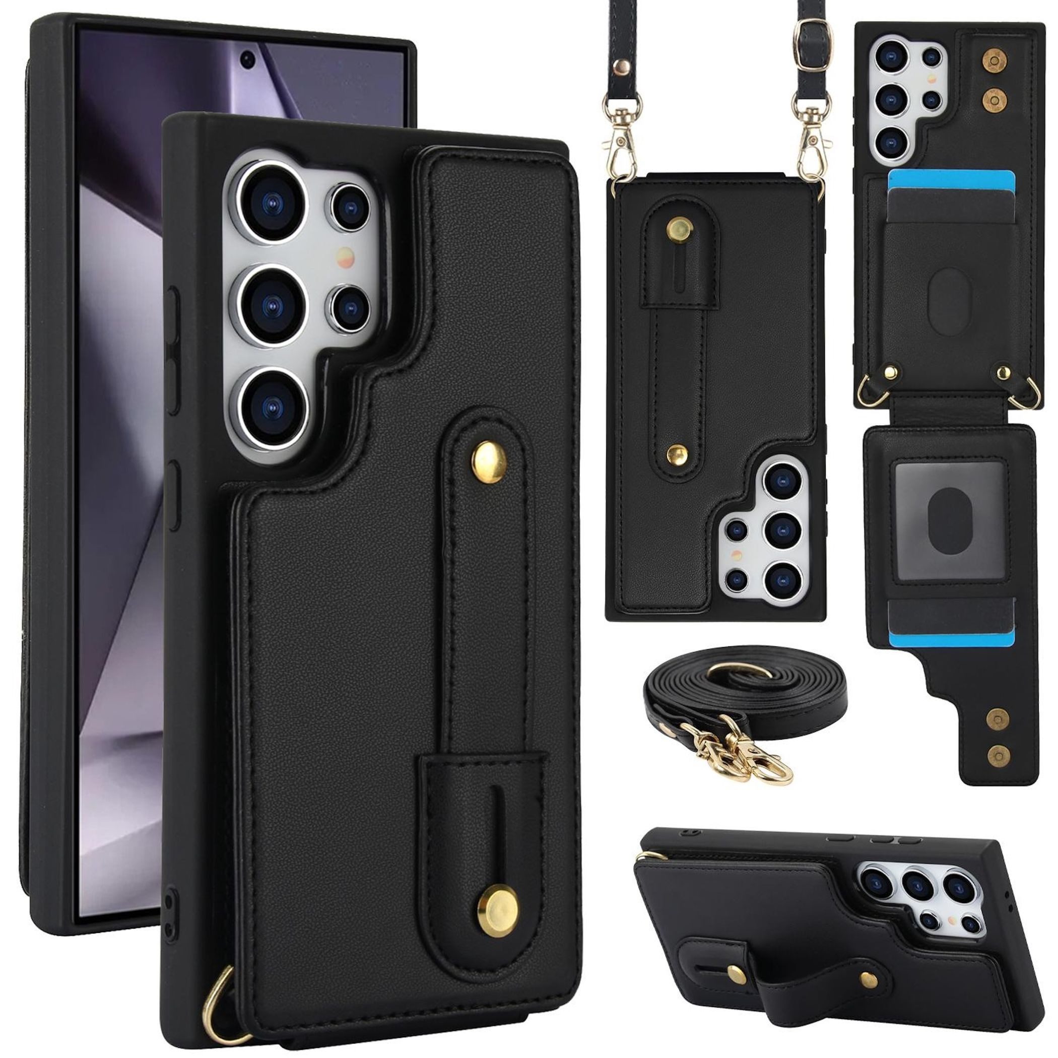 Wigento Handyhülle Fliphülle für Samsung Galaxy S26 Ultra Kartenfach Umhängeband Schwarz 6,9 Zoll, Kartenfächer, Handband, Umhängeband