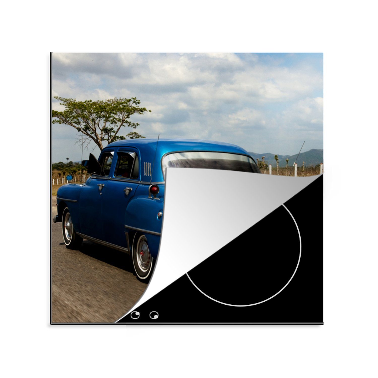 MuchoWow Herdblende-/Abdeckplatte Kuba - Ceranfeldabdeckung, 78x78 Vinyl, - Blau, Oldtimer Arbeitsplatte (1 cm, tlg), küche für