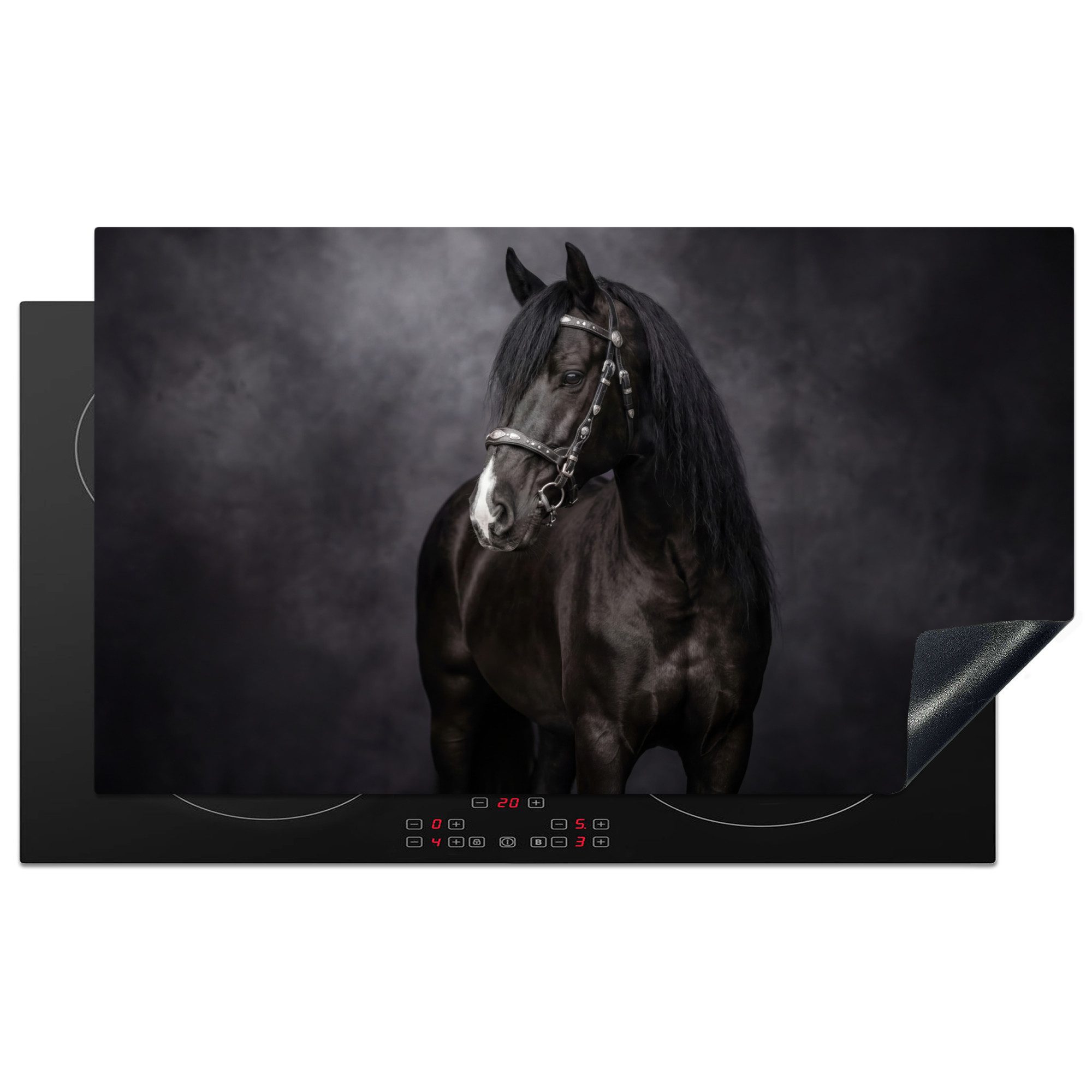 MuchoWow Herd-Abdeckplatte Porträt - Pferd - Schwarz, Vinyl, (1 tlg), Herdabdeckplatten für Ceranfeld, Induktionsschutz, 90x52 cm