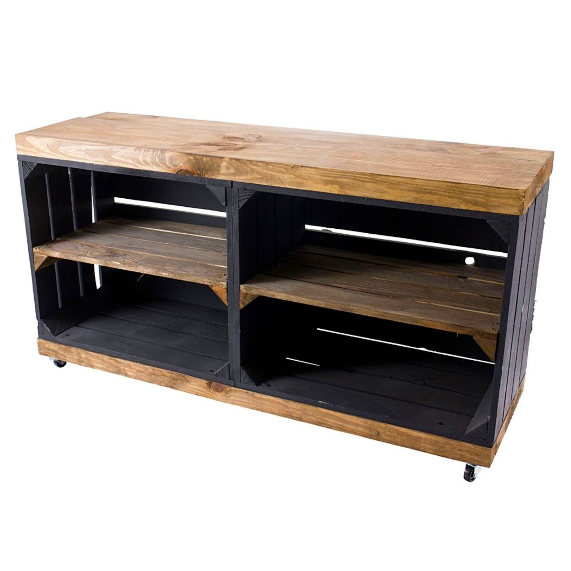 Allzweckkiste Sitzbank schwarz mit Sitzfläche aus dicken Holzplanken Palisandert
