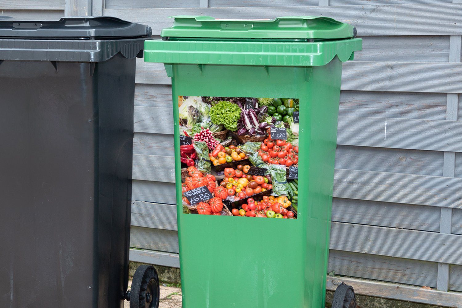 Markt Sticker, MuchoWow Wandsticker Container, Gemüse Obstkisten Mülltonne, - - St), Abfalbehälter (1 Mülleimer-aufkleber,