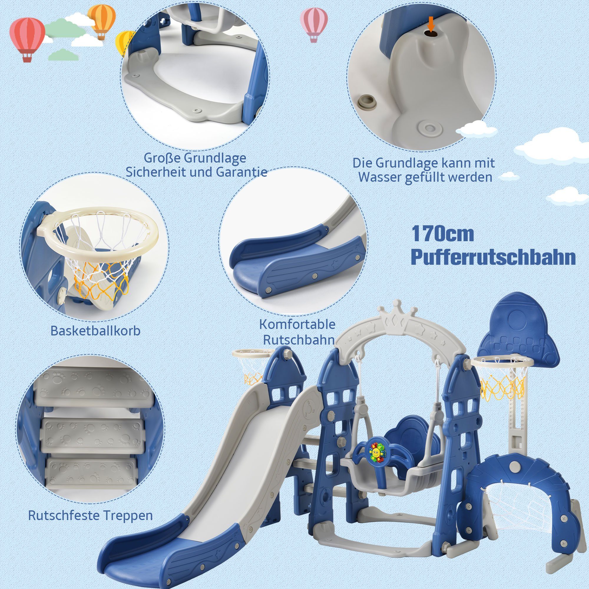 Rutsche, (Kleinkinderrutsche Gartenrutsche für 2-8 Jahre Kinder), Kinderrutsche mit Basketballkorb, Fußballtor, Schaukel und Kletterturm