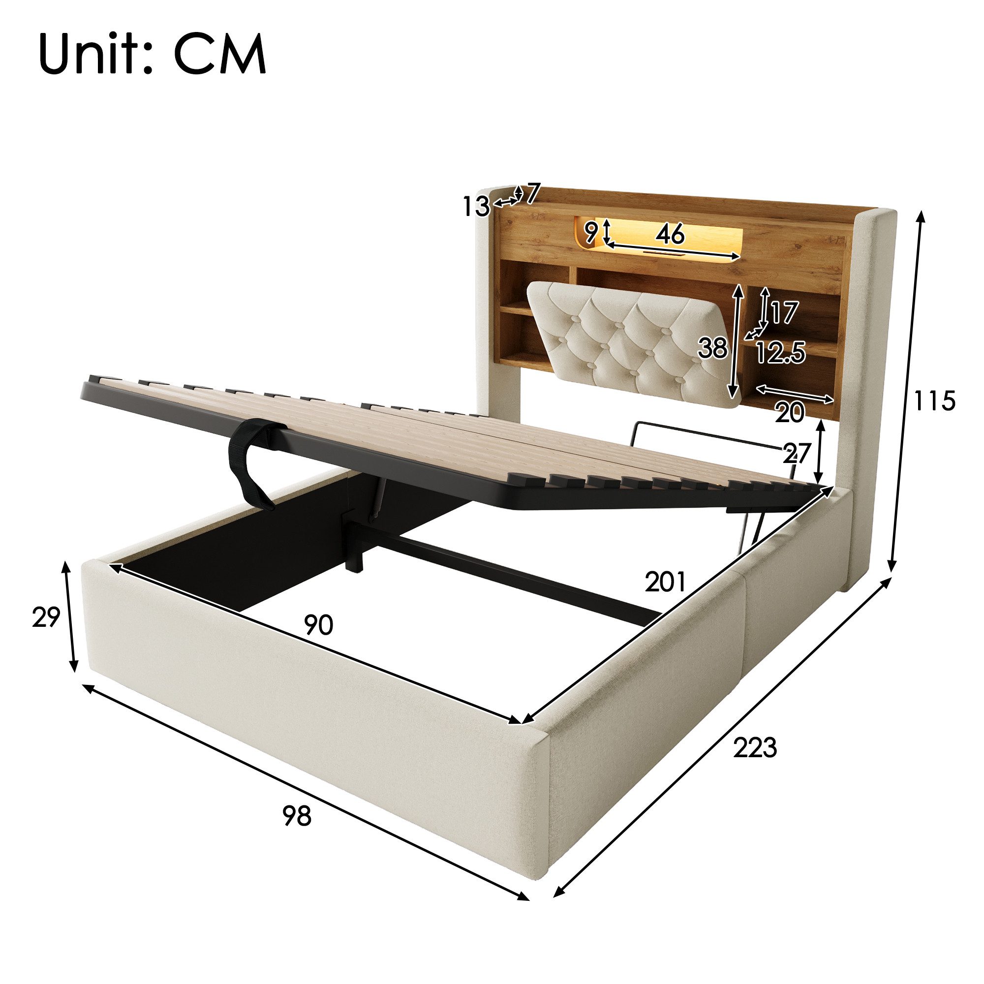 Celya Polsterbett mit Hydraulischem Bettkasten und LED Beleuchtung (Ohne Matratze, mit USB und Type-C Ladefunktion), Kopfteil mit Regal und Stauraum, Leinenstoff