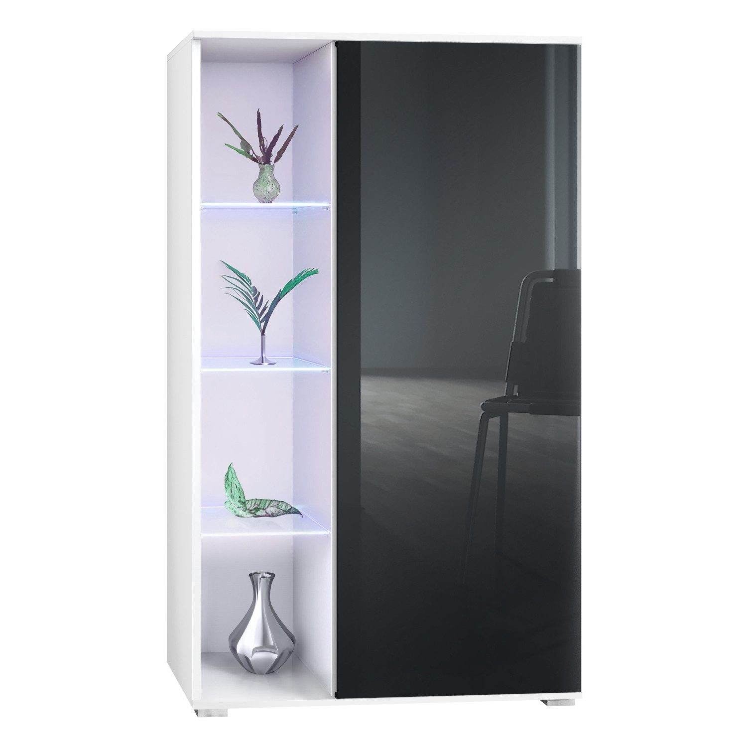 Vladon Standvitrine Davos (Standvitrine, mit 3 Glasböden und 8 Fächer inkl. LED) Weiß matt/Schwarz Hochglanz (71,5 x 134 x 35 cm)