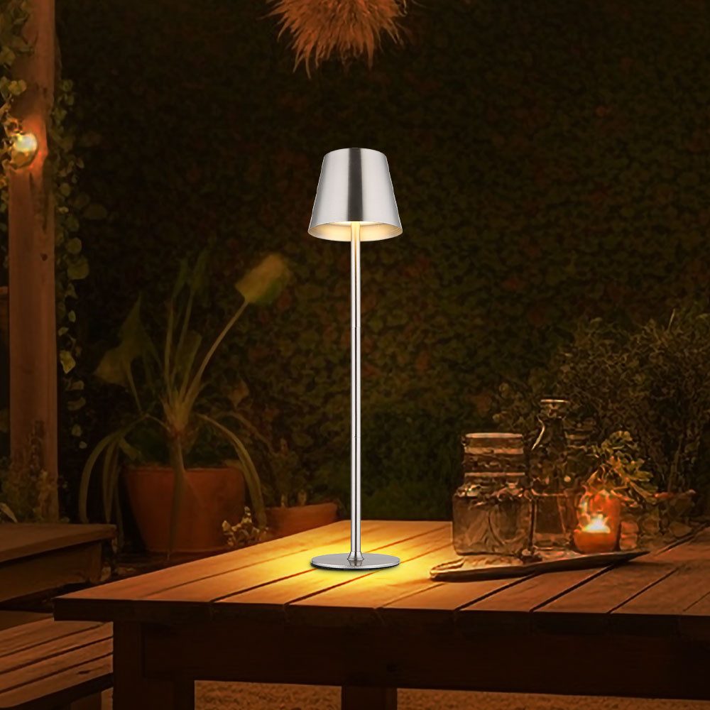 GLOBO LIGHTING LED Tischleuchte, LED-Leuchtmittel fest verbaut, Warmweiß, Tischlampe Außenleuchte LED Akku Touchdimmer IP44 opal Metall nickel