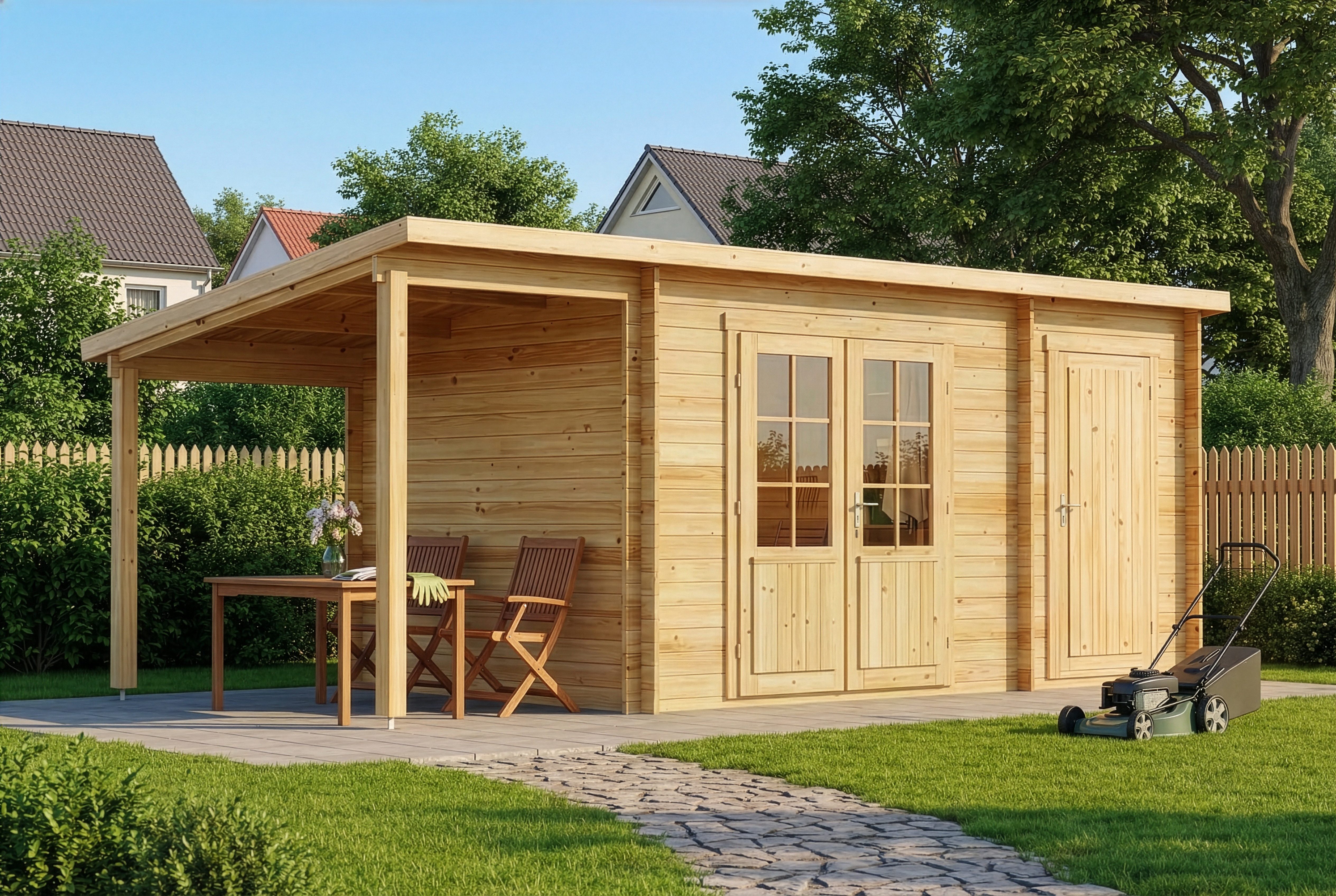 Alpholz Gartenhaus Holz Maria mit Anbau & Schleppdach, BxT: 598x272 cm, in Naturbelassen mit 28mm Wandstärke