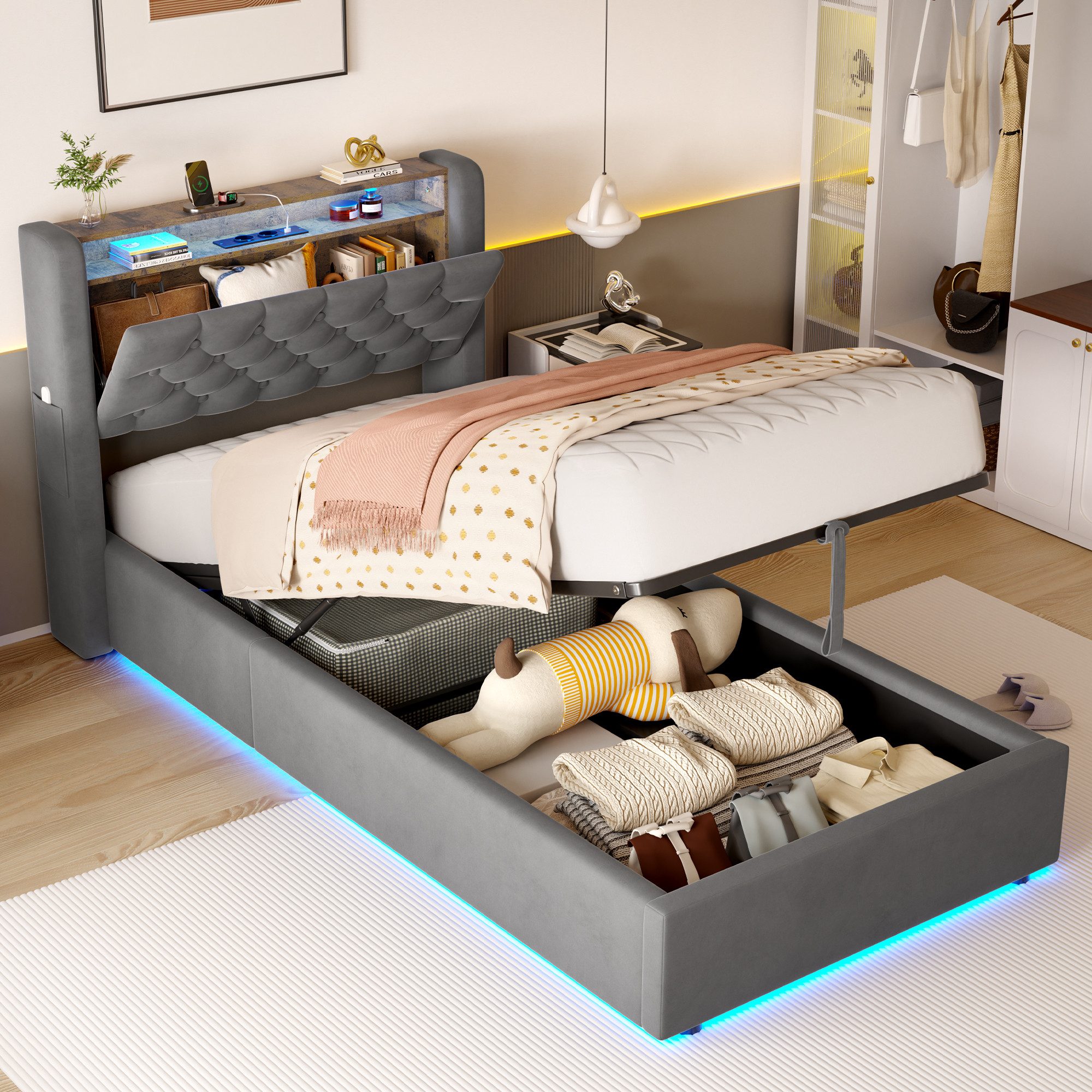 HAUSS SPOLE Polsterbett 90×200 mit LED,Boxspringbett Jugendbett mit Bettkasten und Steckdose (Stauraumbett mit Stauraum und klappbarem Kopfteil), mit LED-Ambientelicht für eine angenehme Atmosphäre
